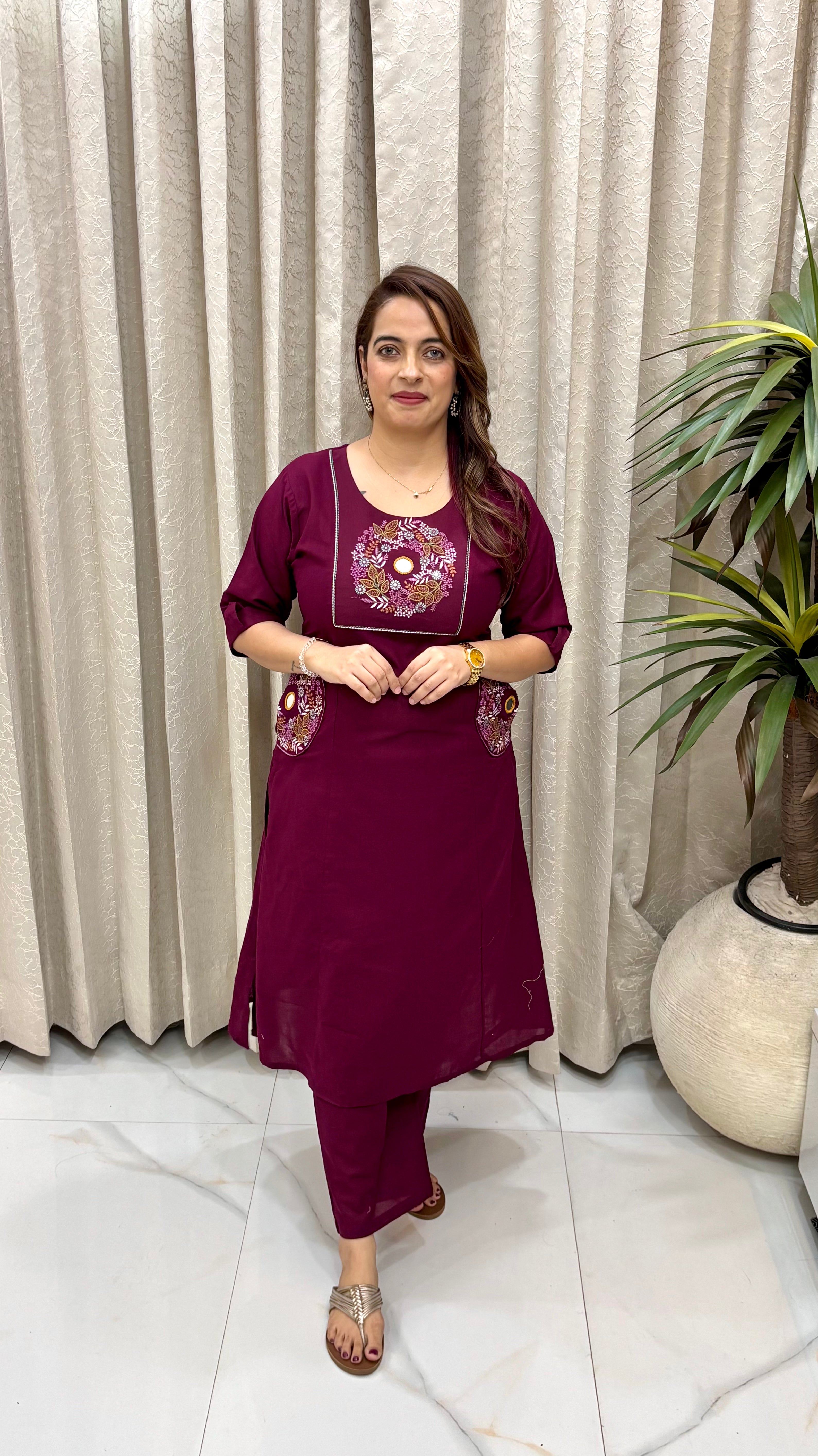 The Wine Pure Handloom Cotton Mirror-Work Co-Ord Set