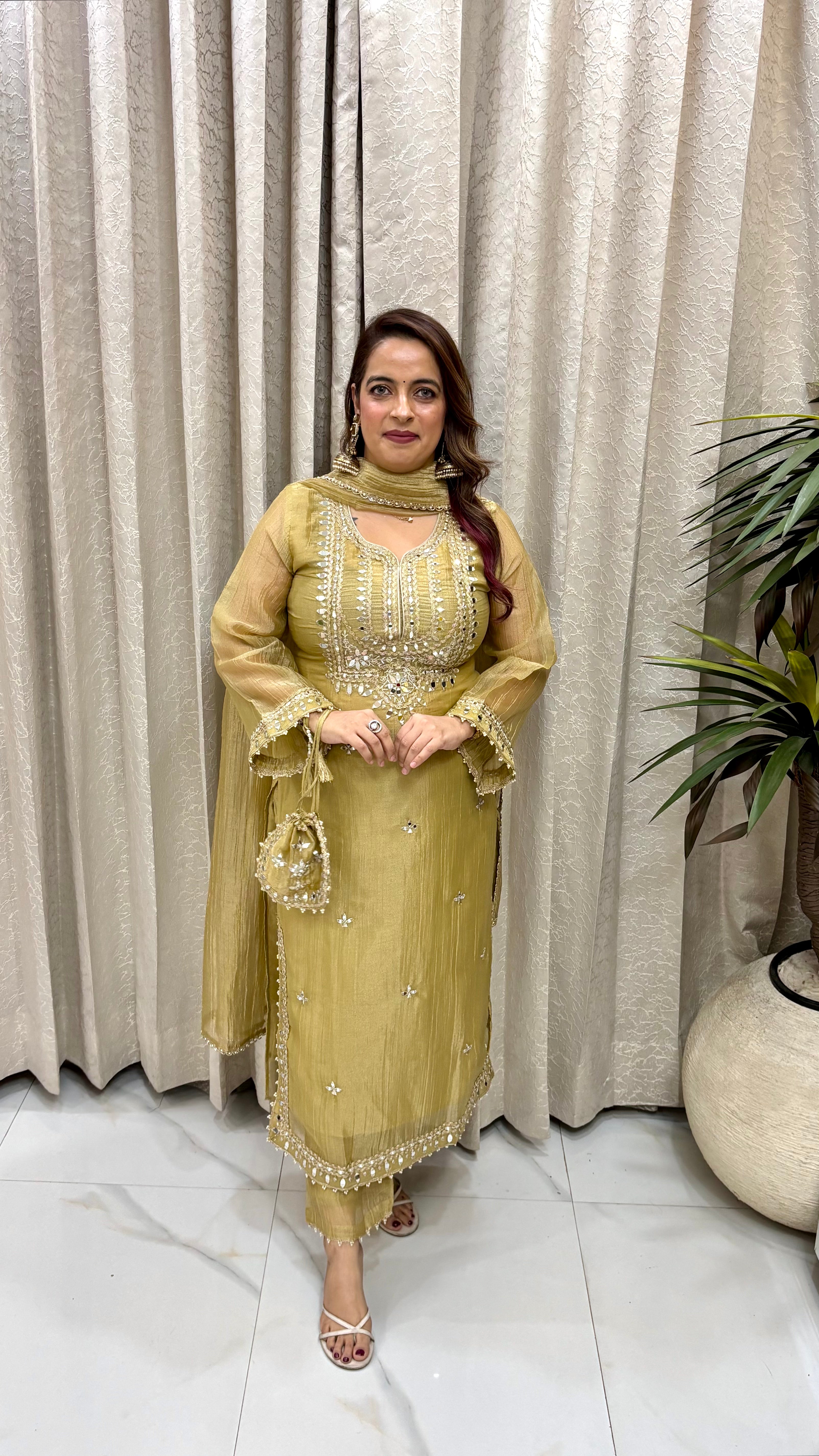 The Organza Shimmer Crushed Suit with Designer Potli
