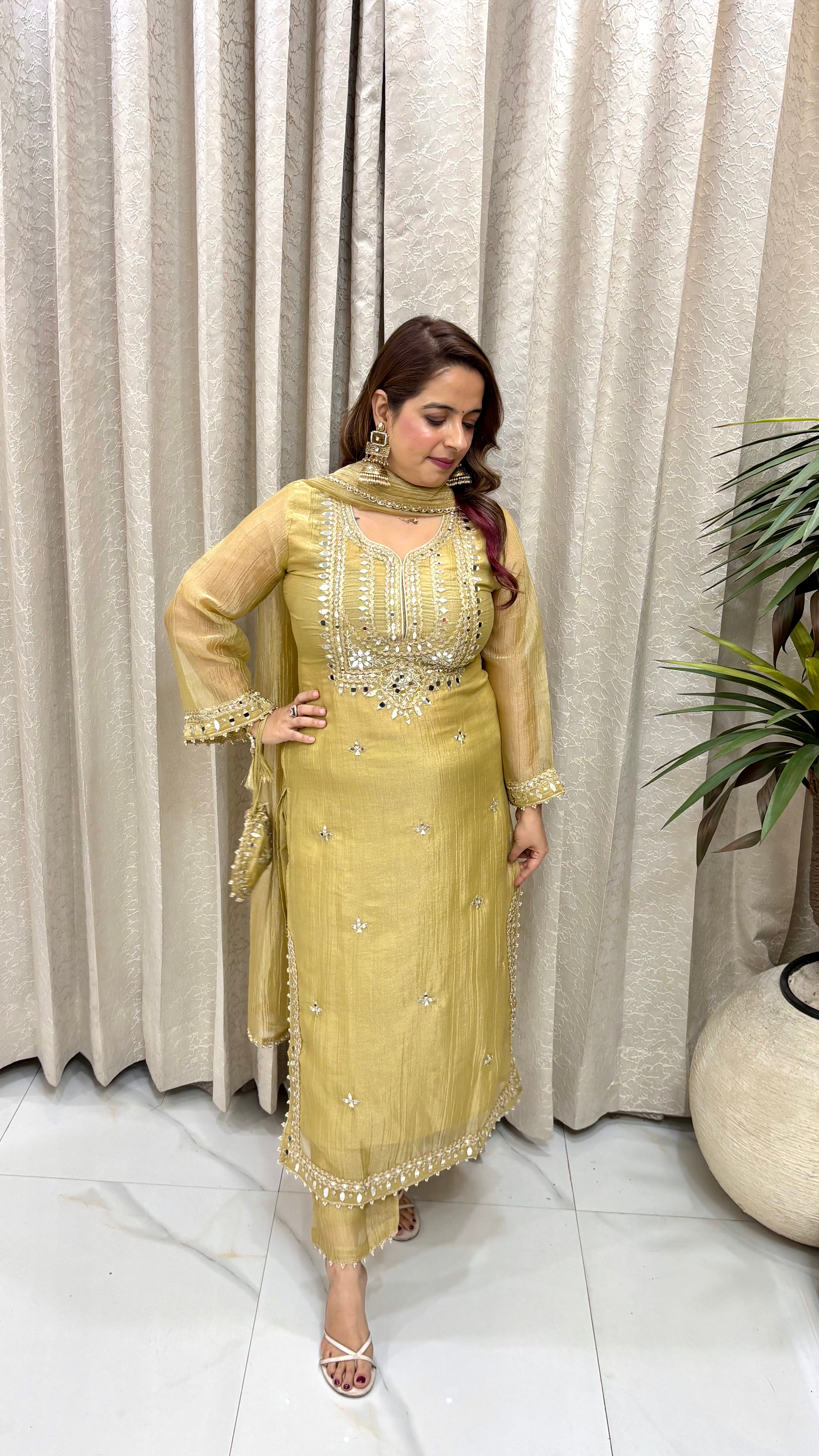 The Organza Shimmer Crushed Suit with Designer Potli