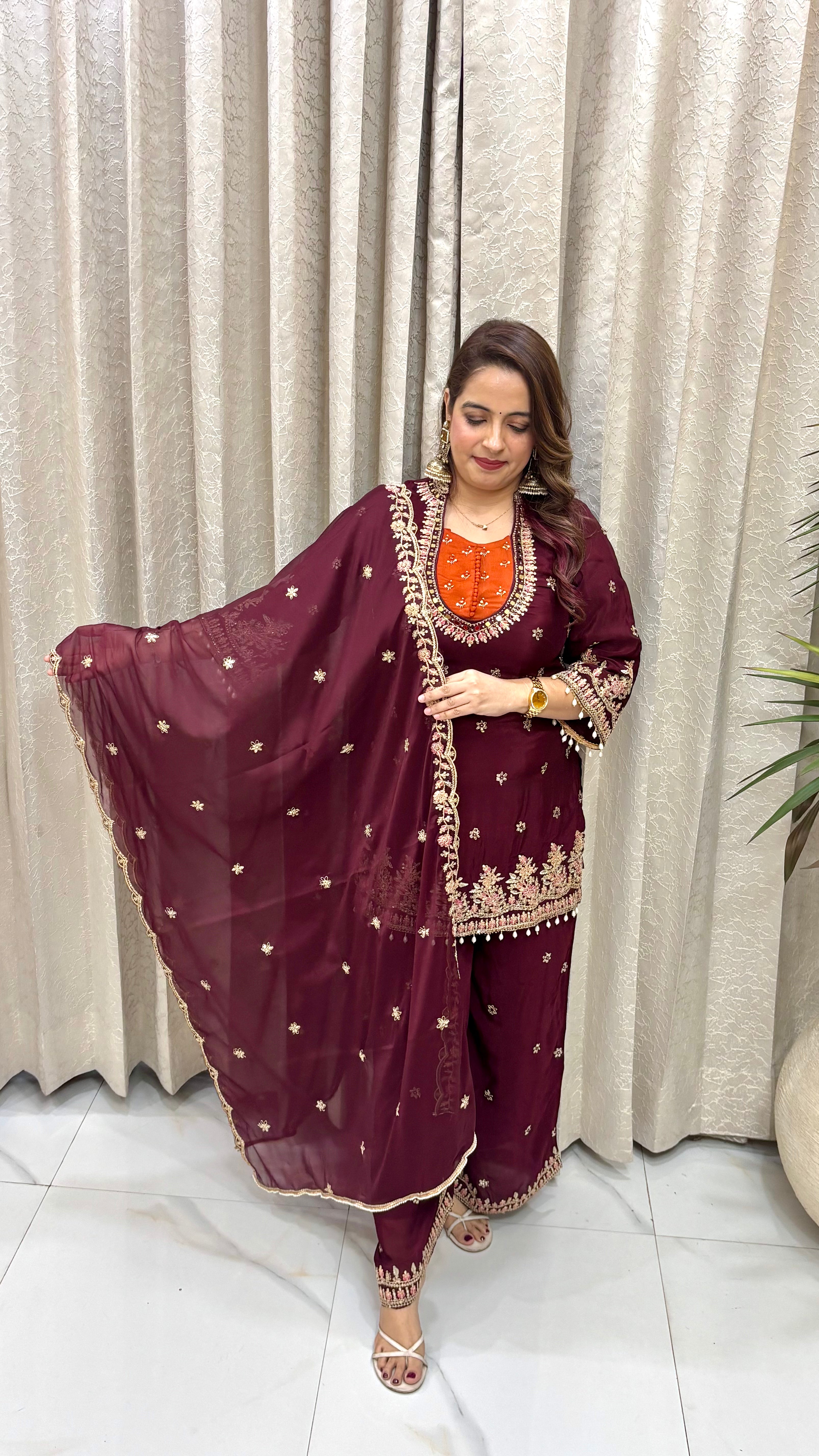 The Pure Chinon Silk Suit with Matka Neck & Heavy Cutwork Dupatta