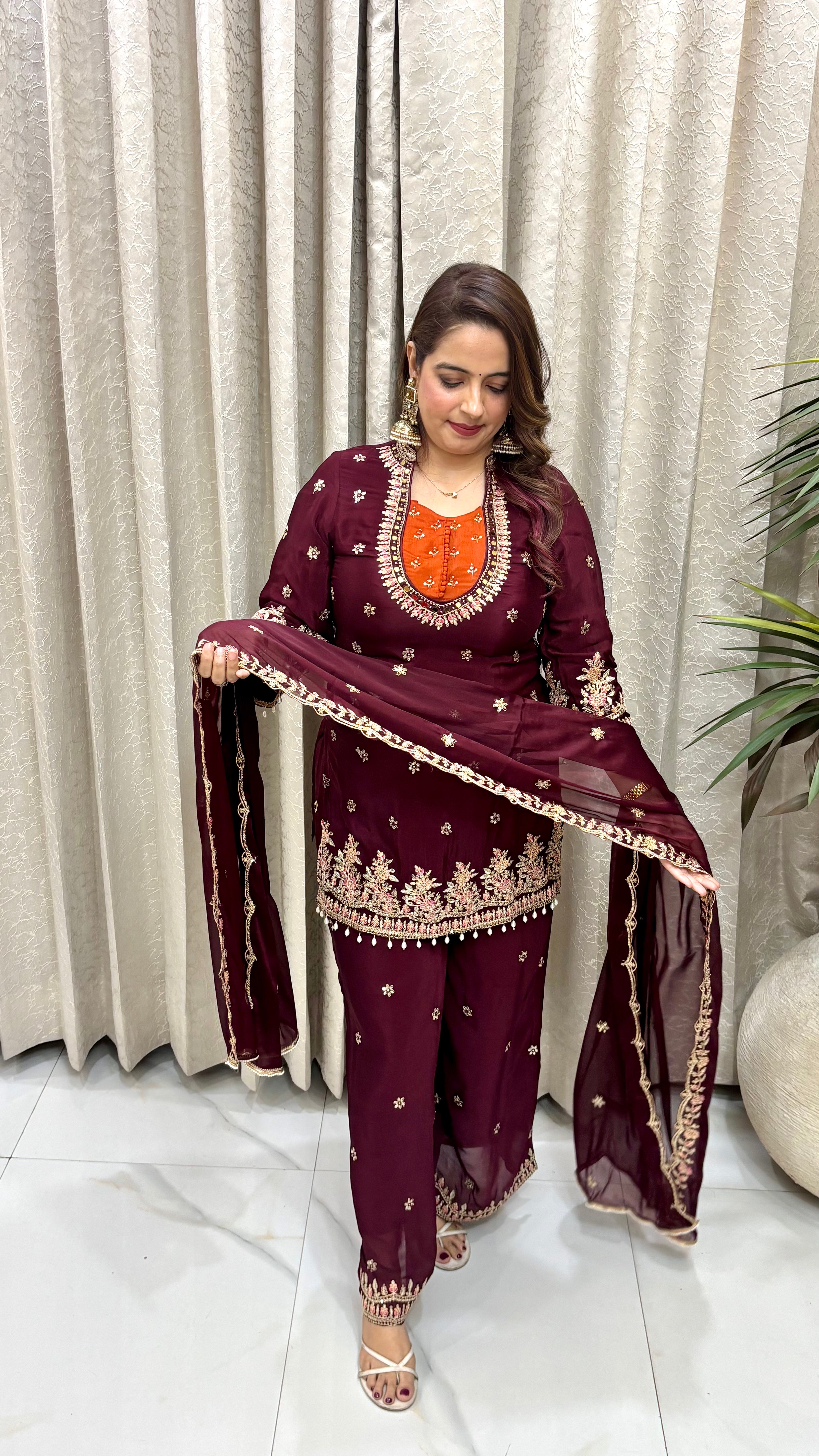 The Pure Chinon Silk Suit with Matka Neck & Heavy Cutwork Dupatta