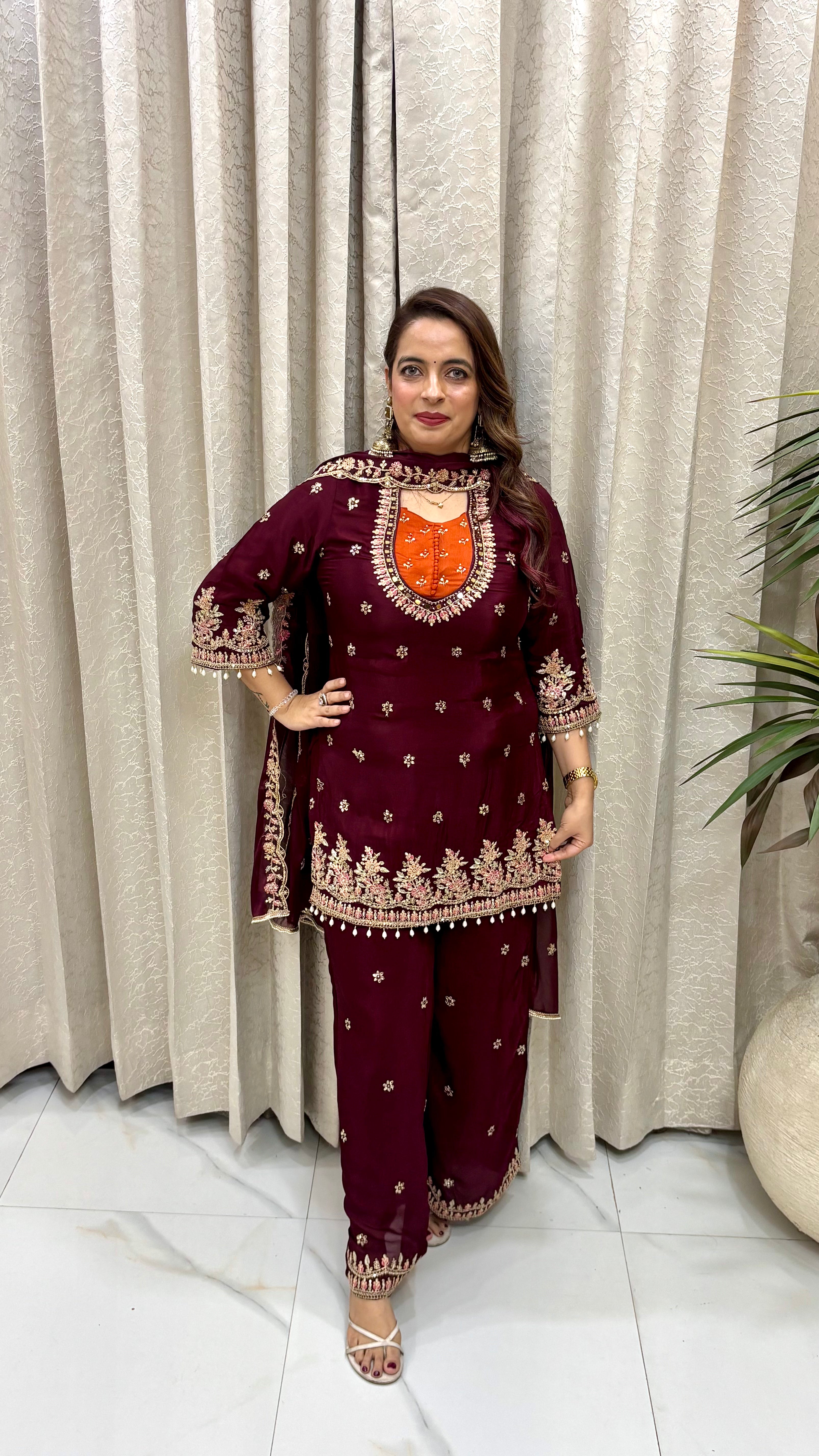 The Pure Chinon Silk Suit with Matka Neck & Heavy Cutwork Dupatta