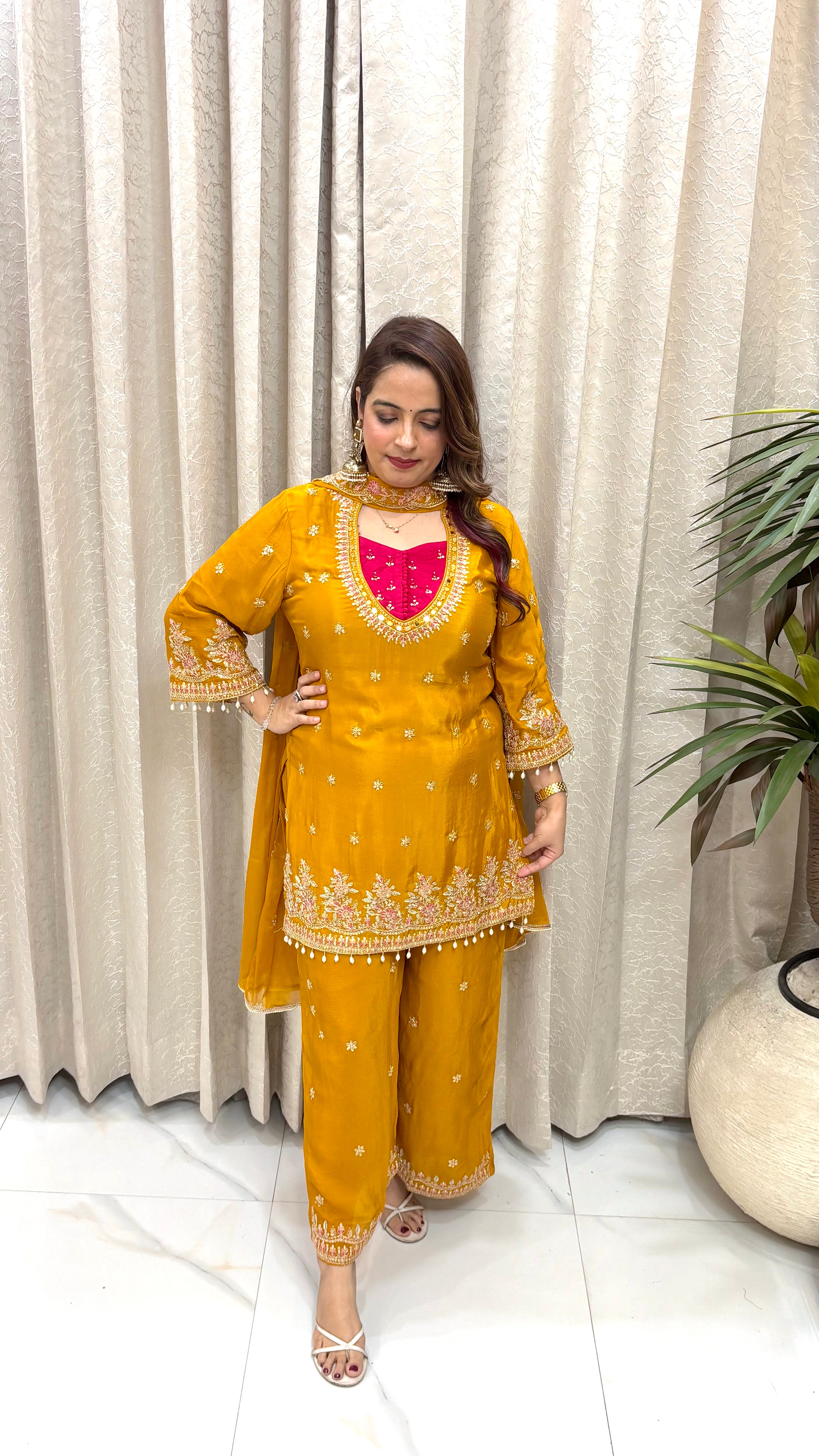 The Pure Chinon Silk Suit with Matka Neck & Heavy Cutwork Dupatta