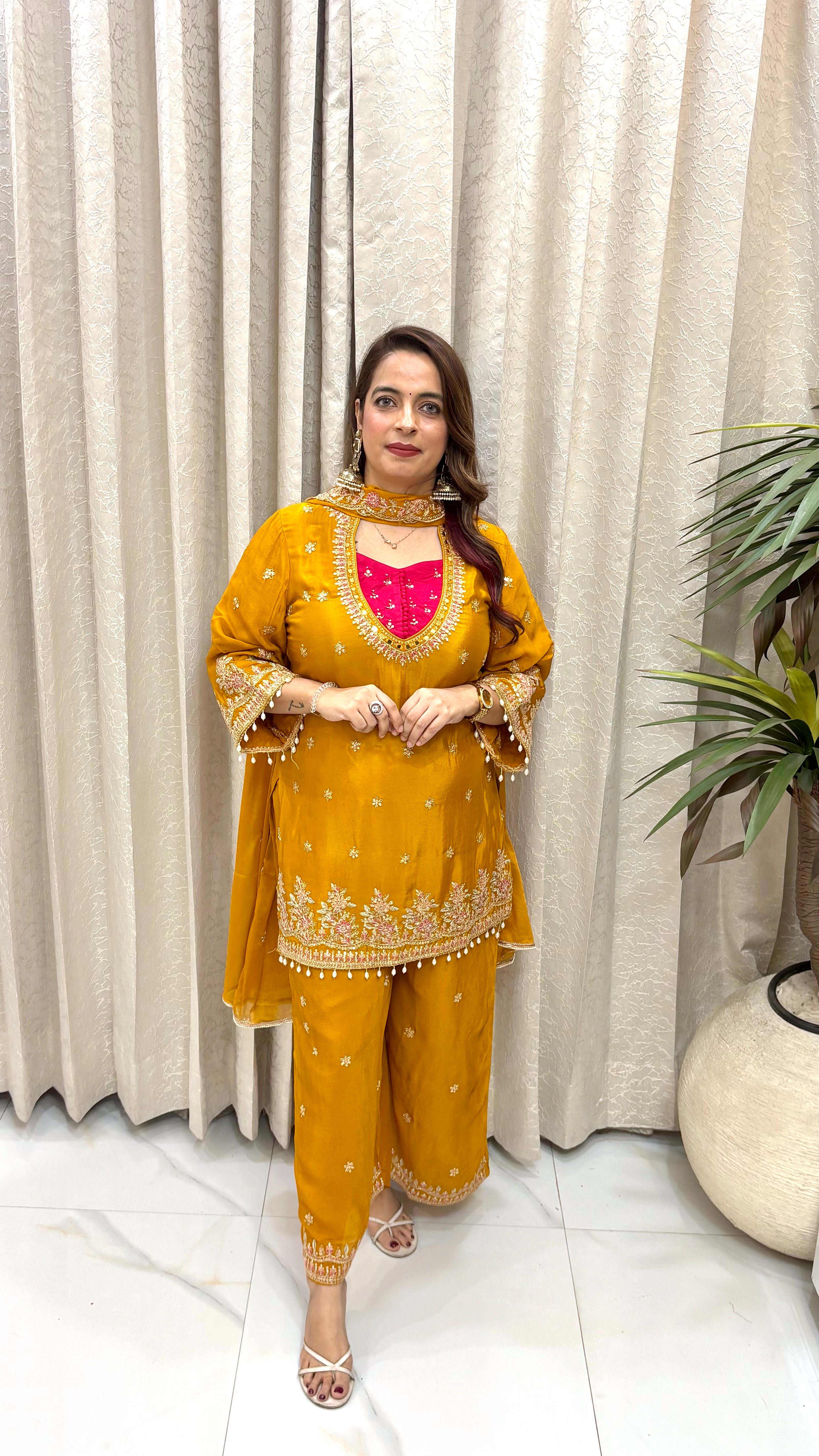 The Pure Chinon Silk Suit with Matka Neck & Heavy Cutwork Dupatta