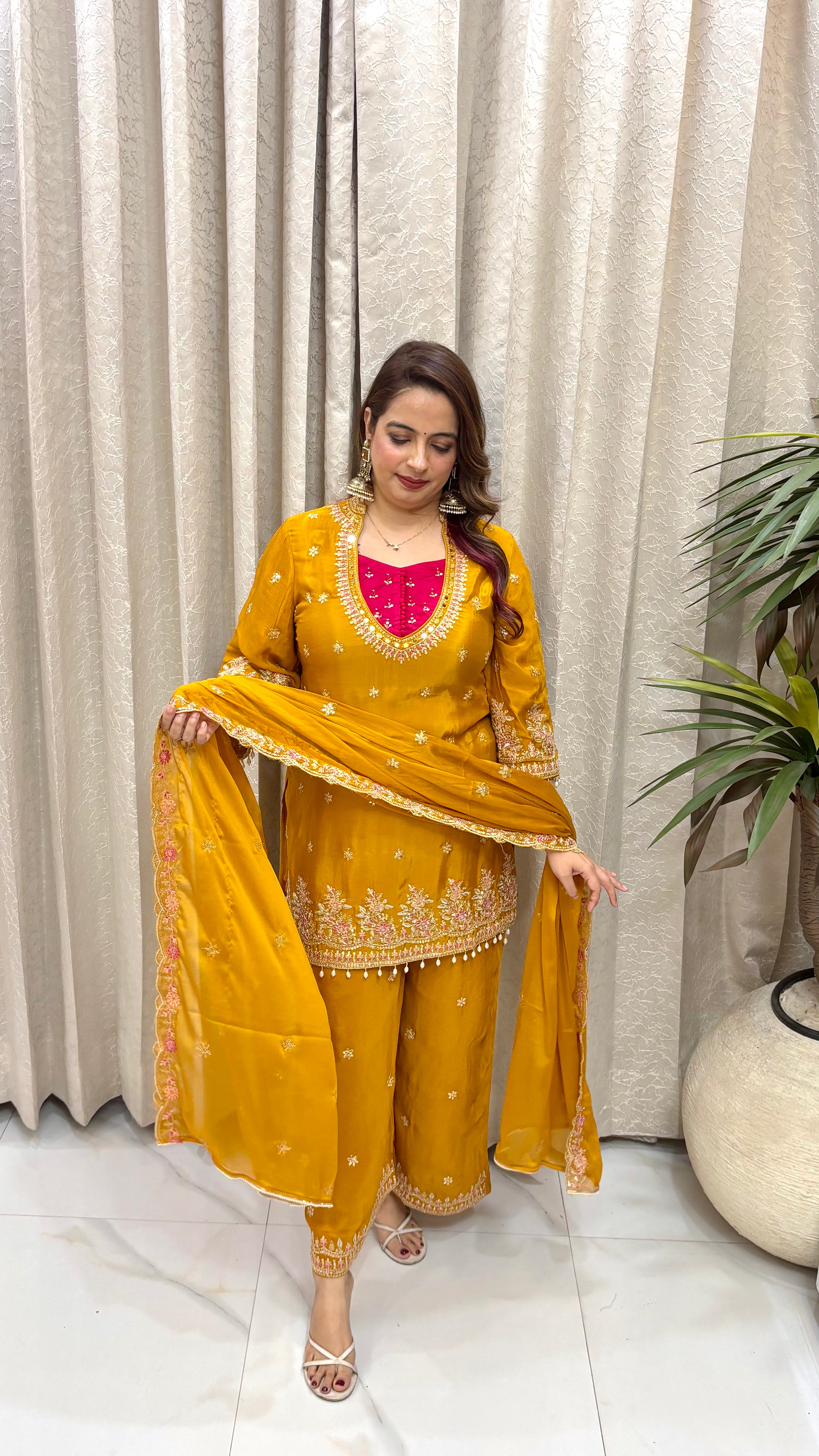 The Pure Chinon Silk Suit with Matka Neck & Heavy Cutwork Dupatta