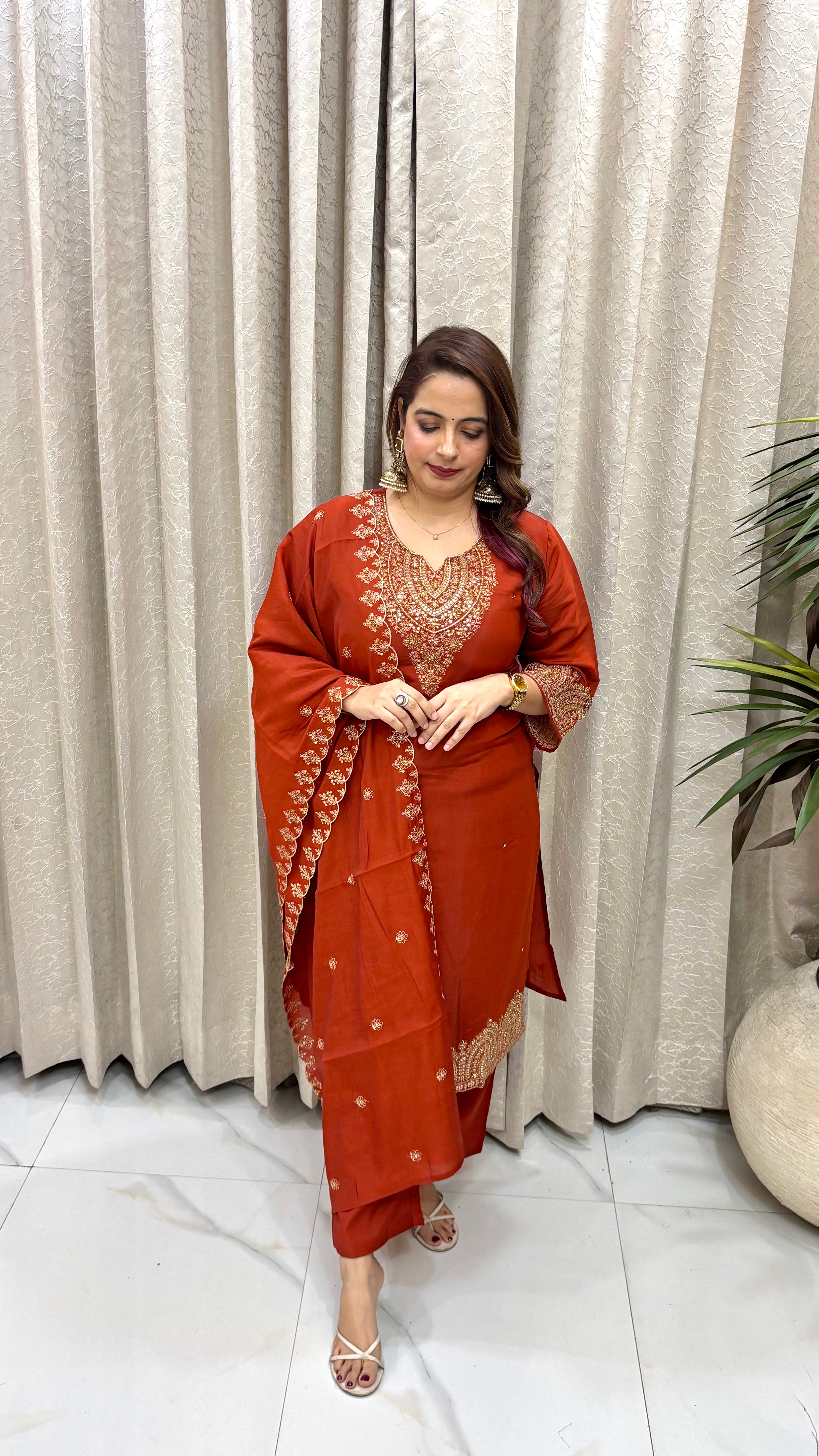 The Mul Chanderi Hand-Embroidered Suit with Cutwork Dupatta