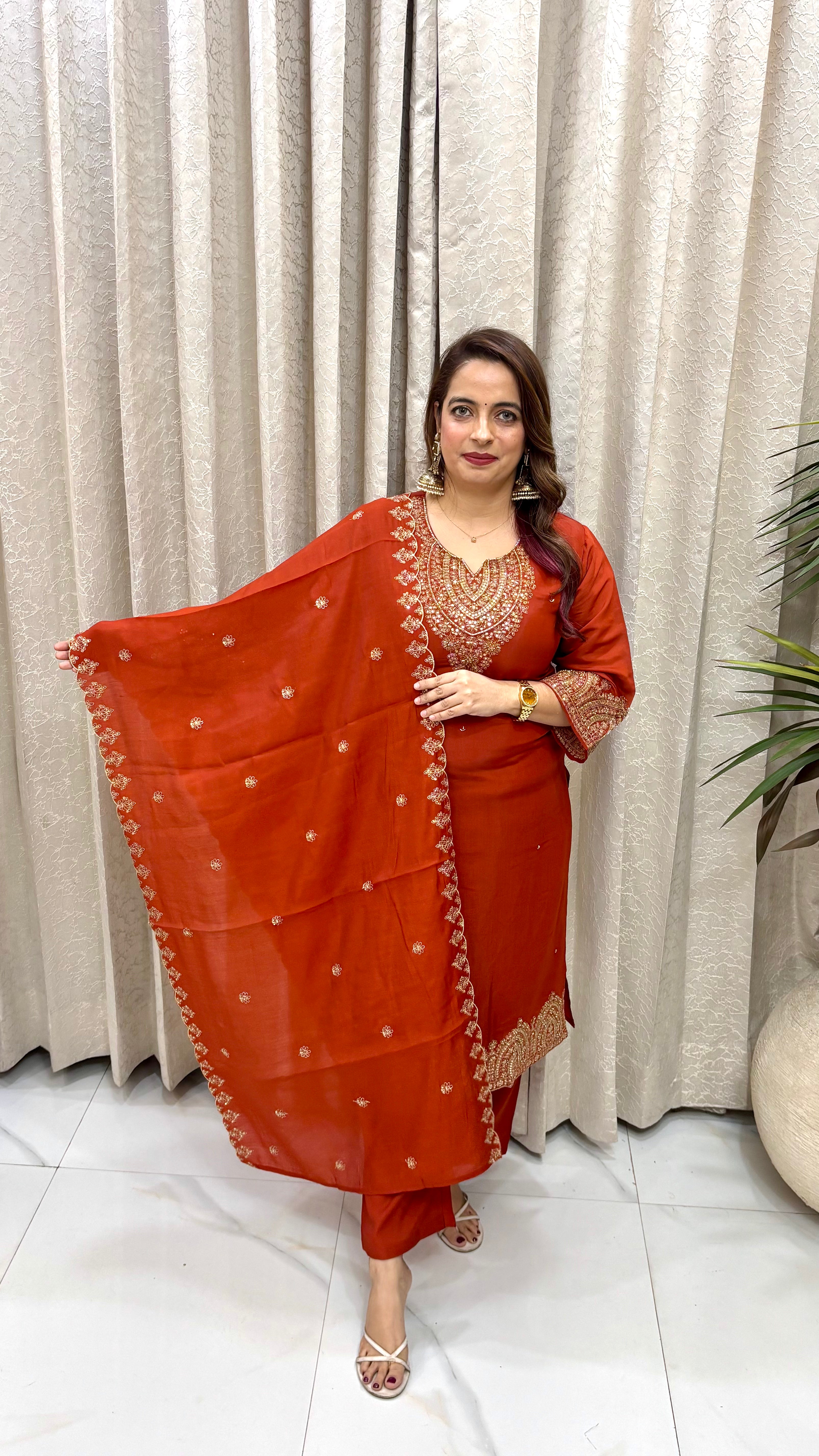The Mul Chanderi Hand-Embroidered Suit with Cutwork Dupatta