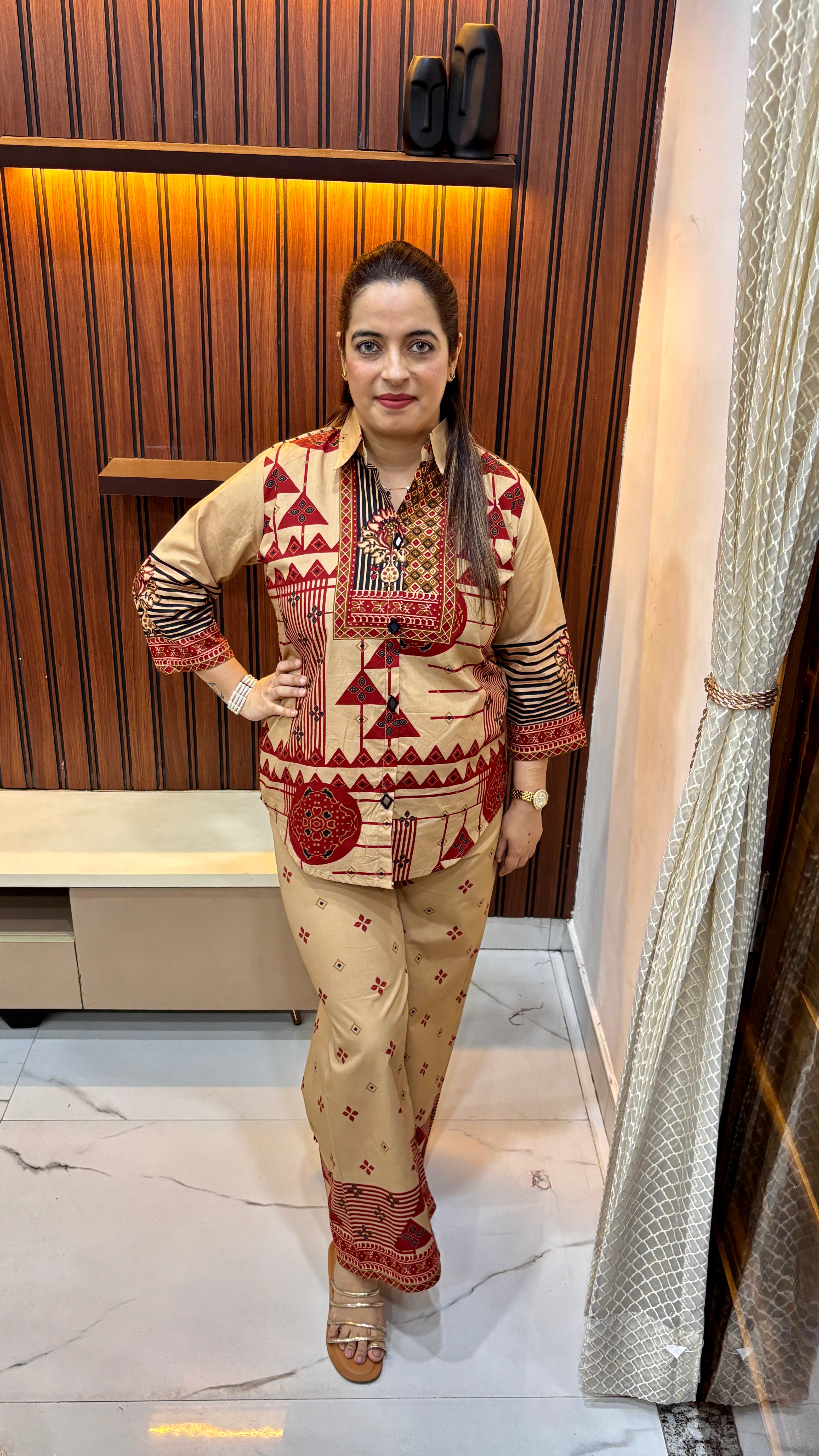 ✨ The Earthy Avant-Garde: Pure Cotton Ajrakh Print Co-ord Set with Mirror Artistry ✨