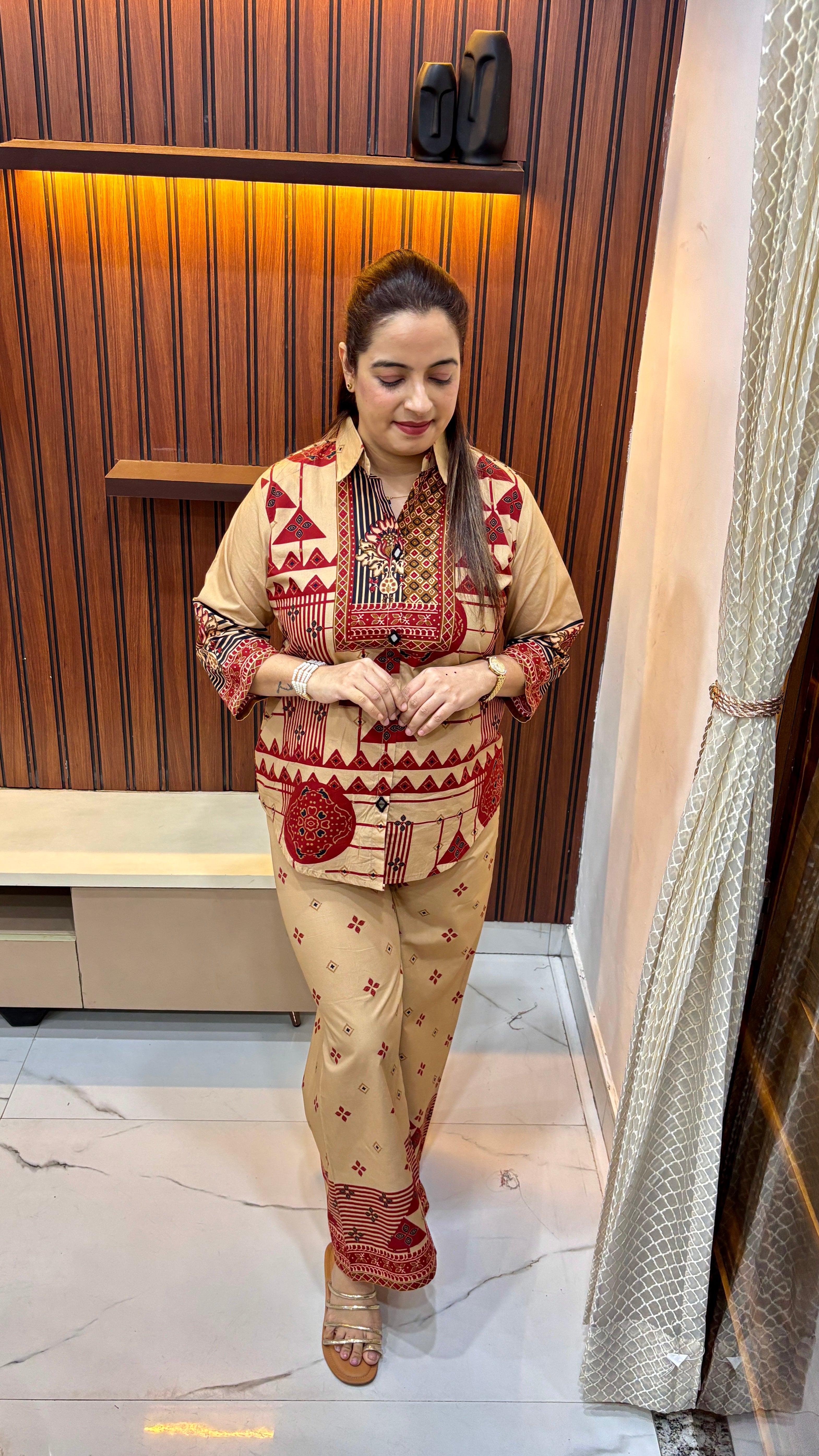 ✨ The Earthy Avant-Garde: Pure Cotton Ajrakh Print Co-ord Set with Mirror Artistry ✨