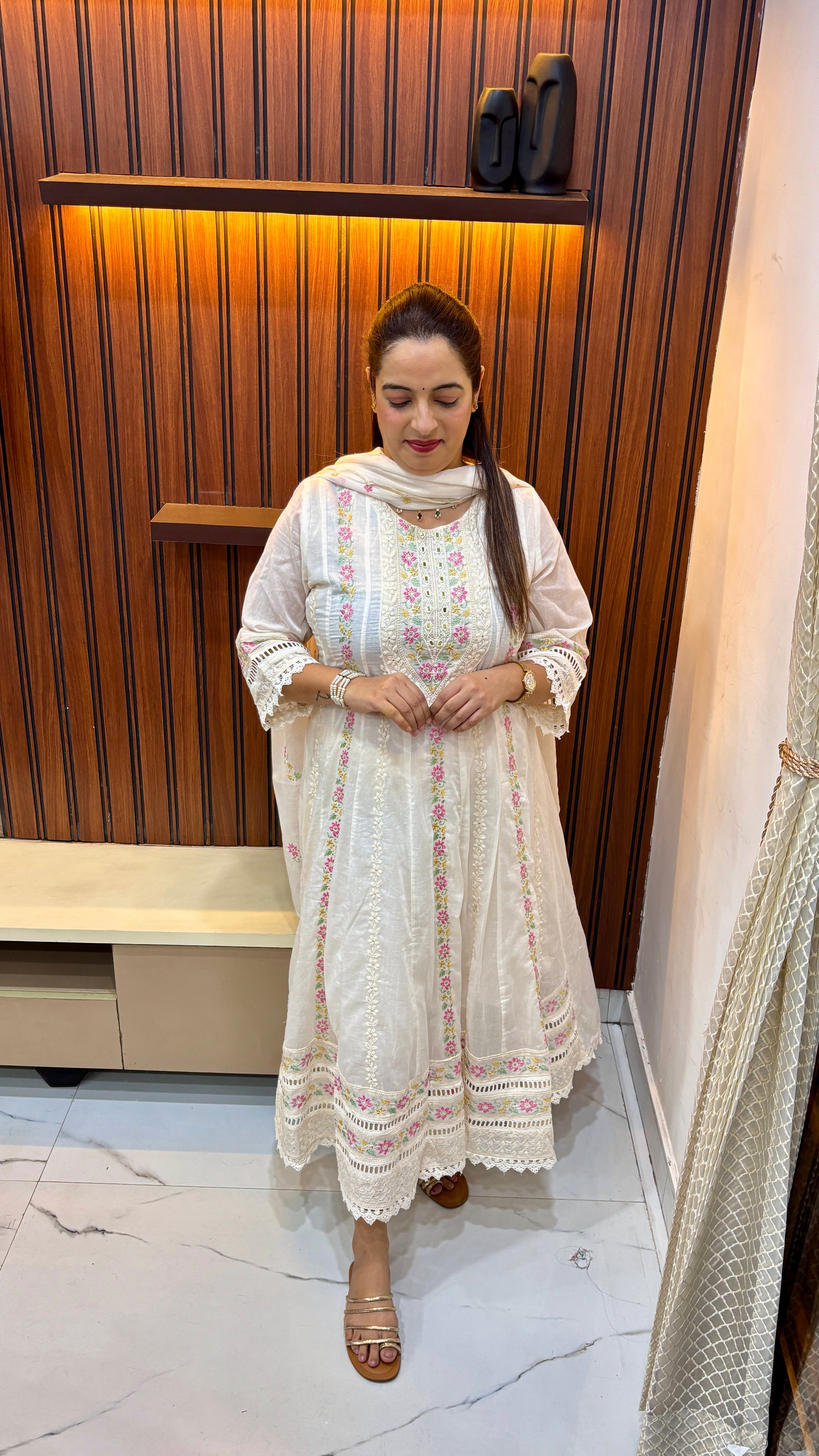 ✨ The Ethereal Grace: Mul Mul Cotton Lucknawi Suit with Schiffli & Crochet Artistry ✨