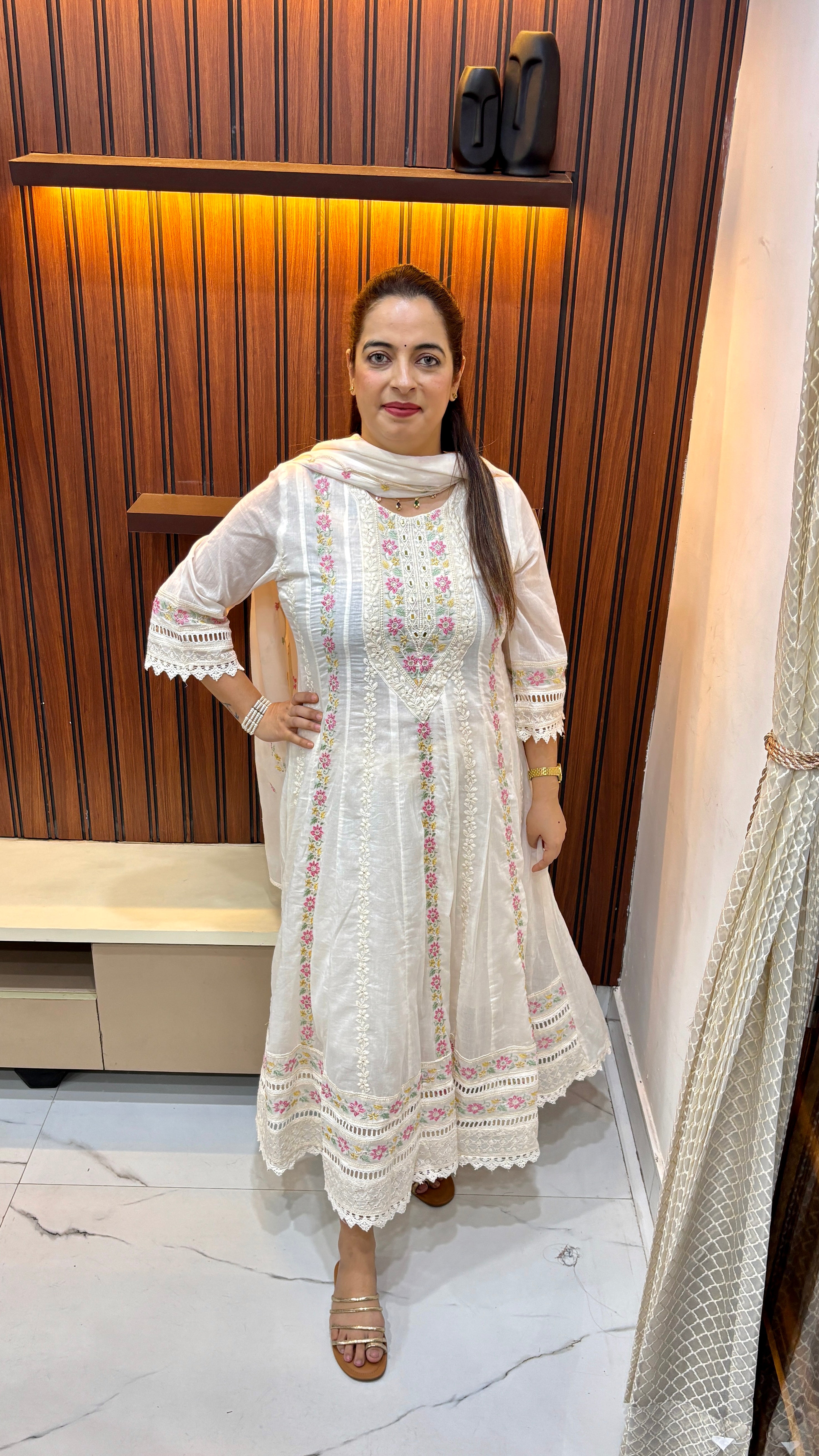 ✨ The Ethereal Grace: Mul Mul Cotton Lucknawi Suit with Schiffli & Crochet Artistry ✨