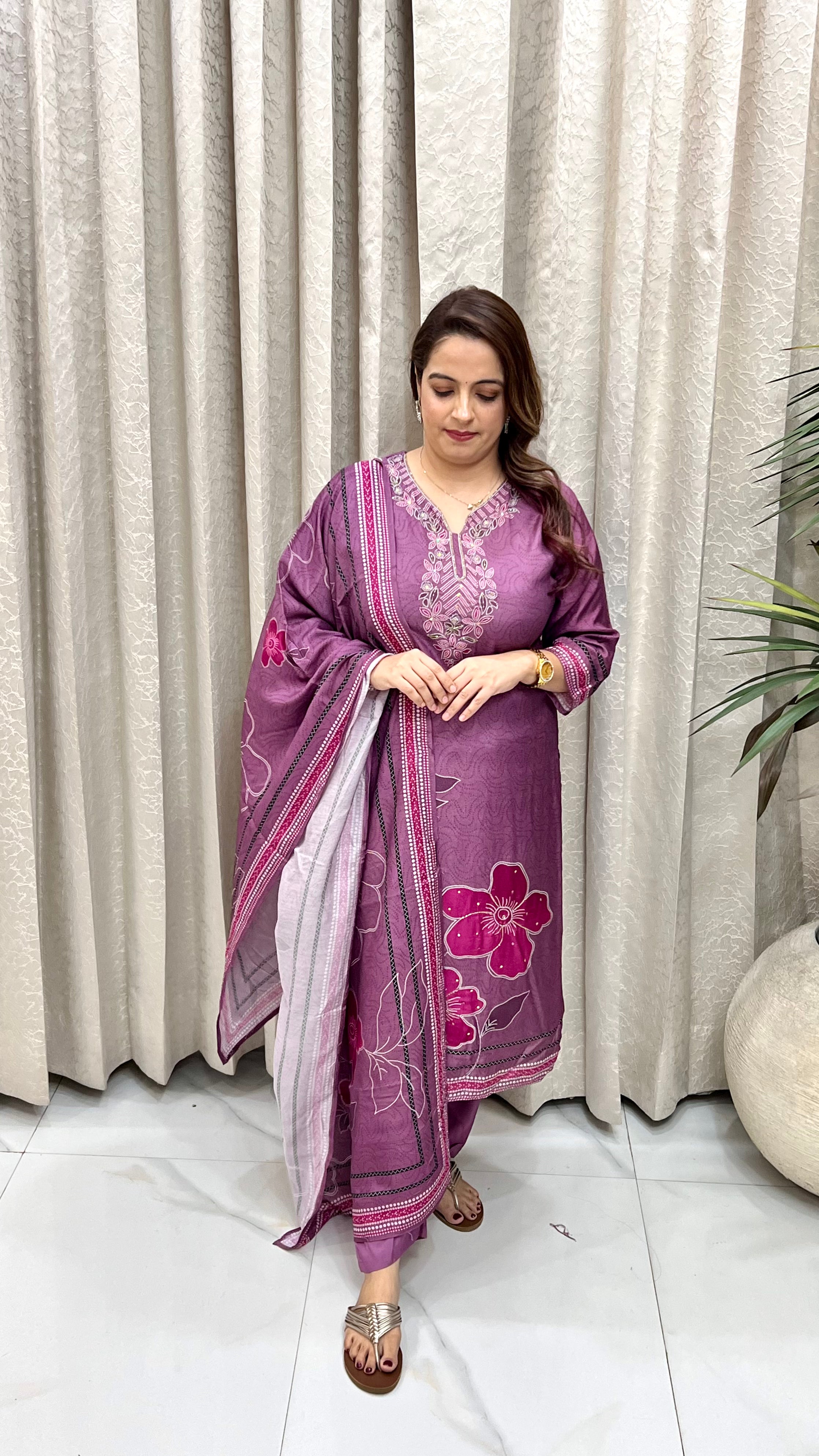The Pure Crepe Digital Floral Hand-Embroidered Suit