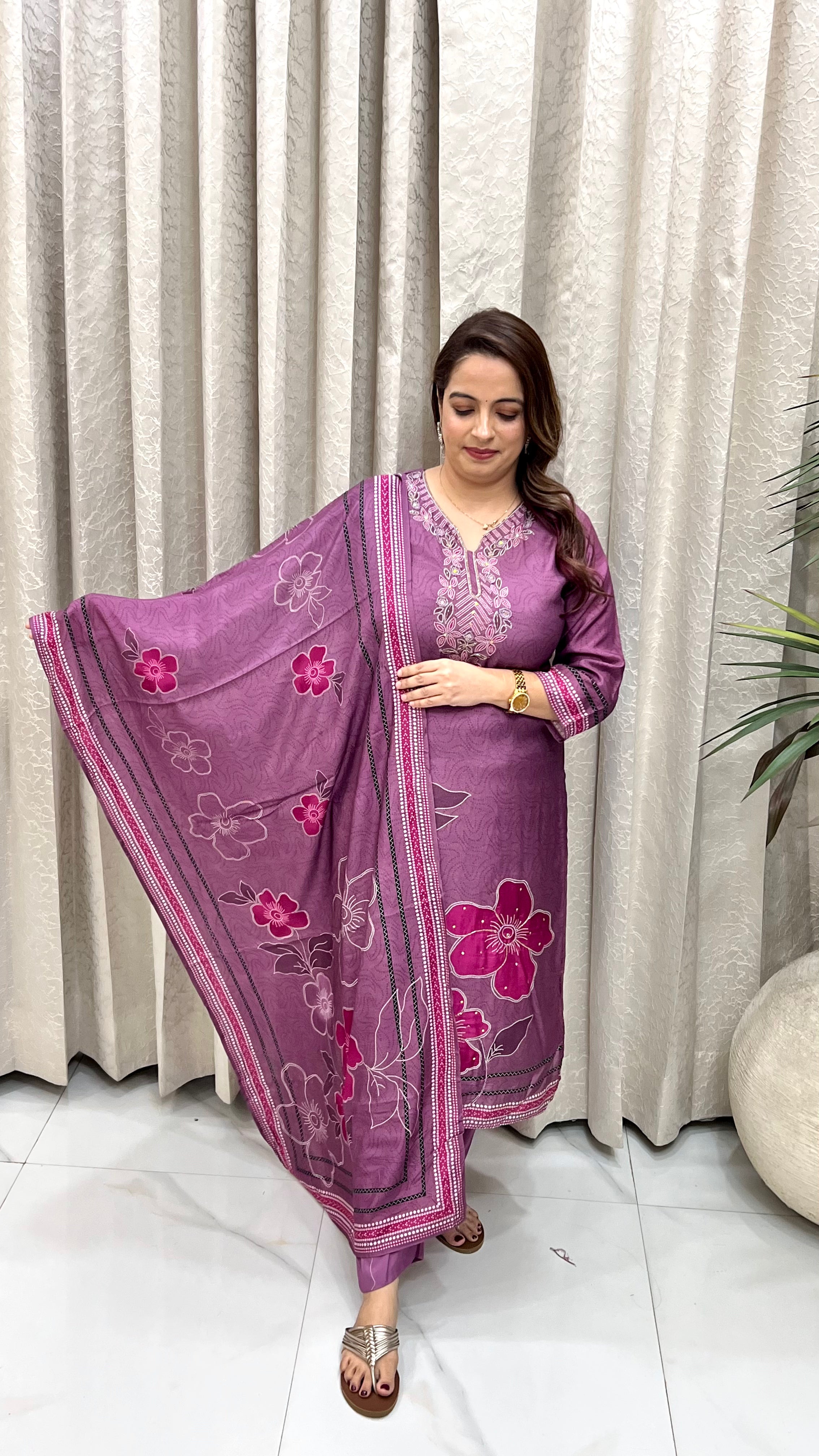 The Pure Crepe Digital Floral Hand-Embroidered Suit