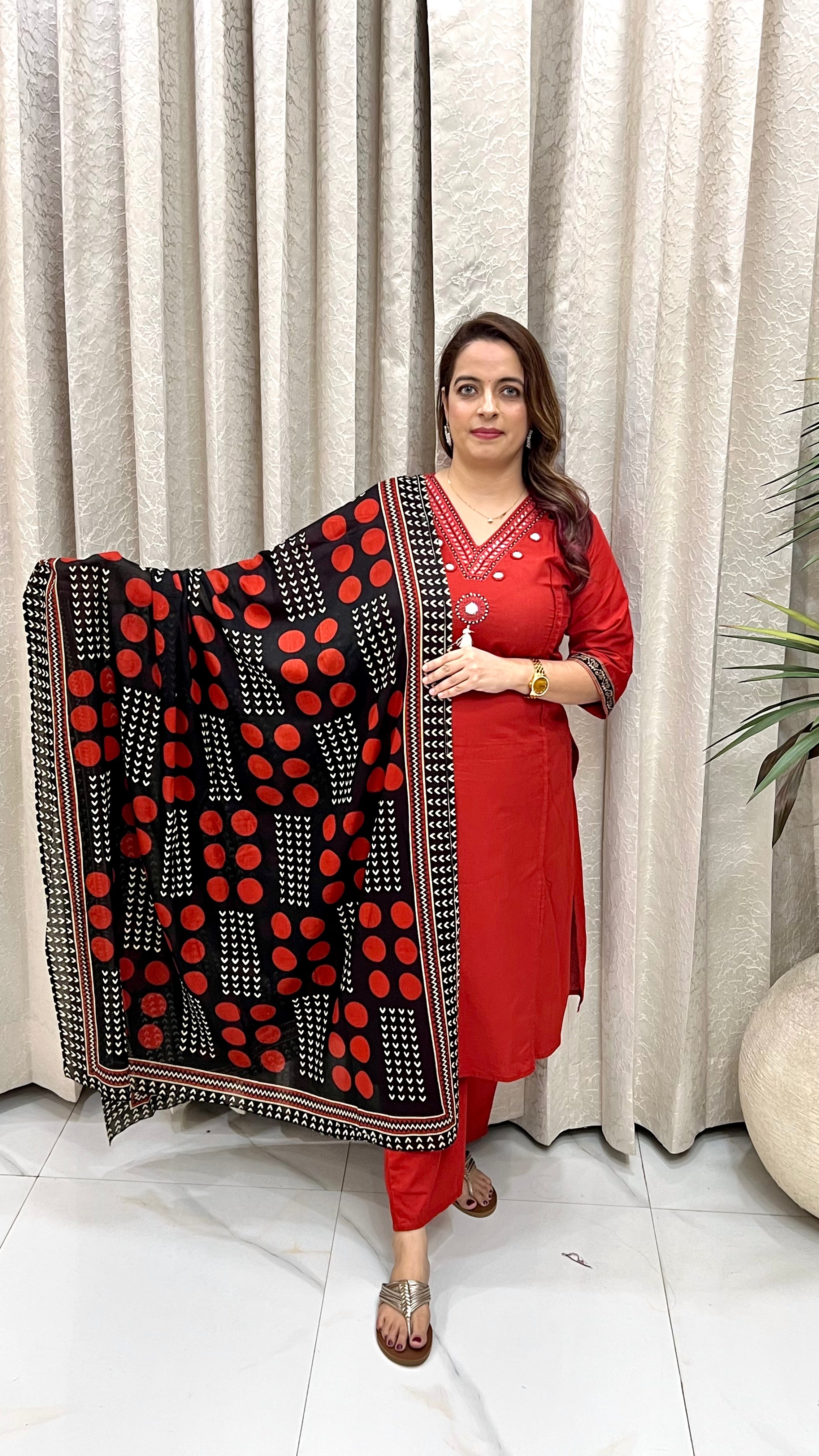The Dabu Cotton Suit with Mirror Work & Mixed-Print Dupatta