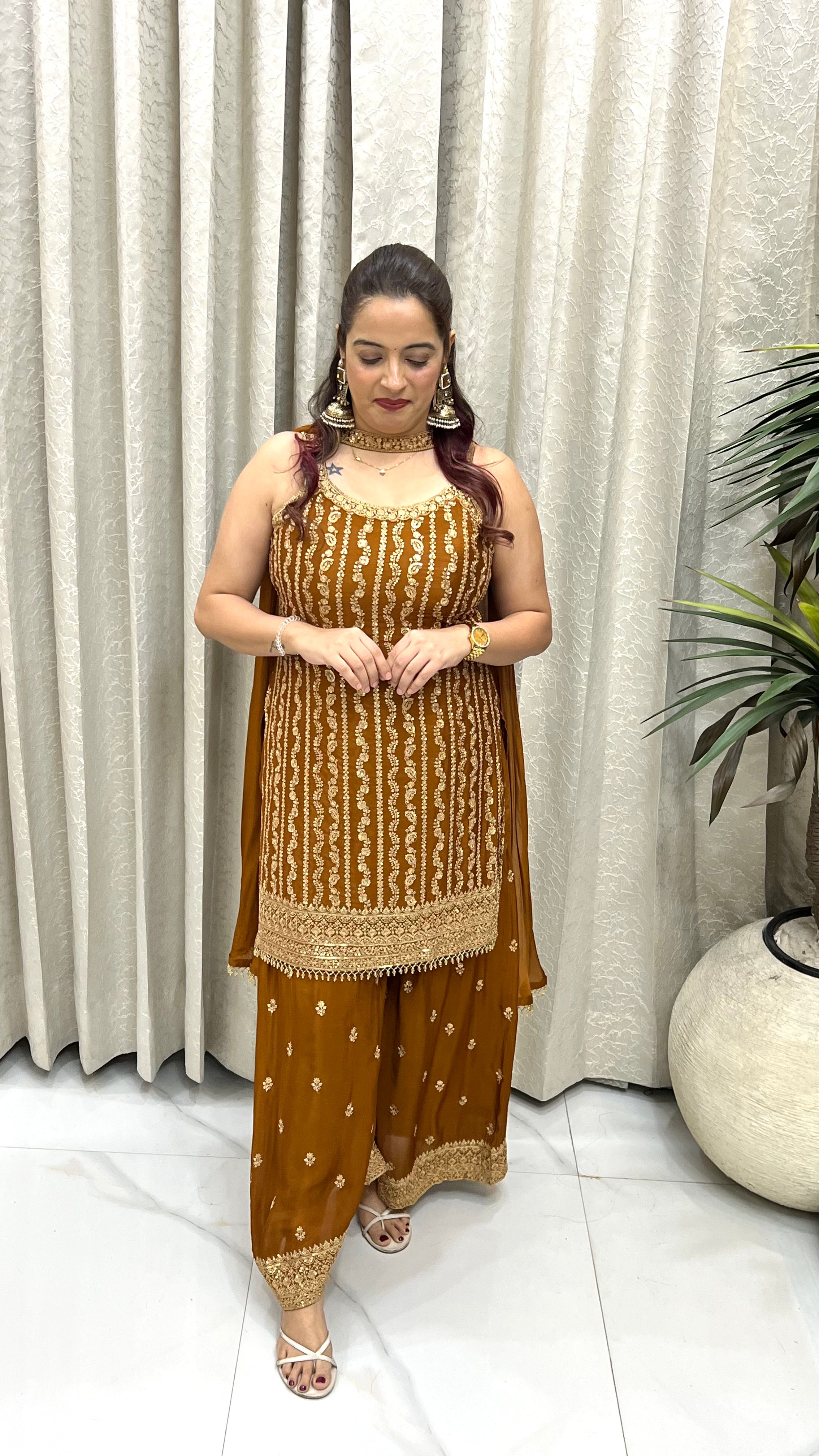 Pure Chinon Heavy Embroidered Suit Set with Necklace Style Dupatta – Mustard Gold