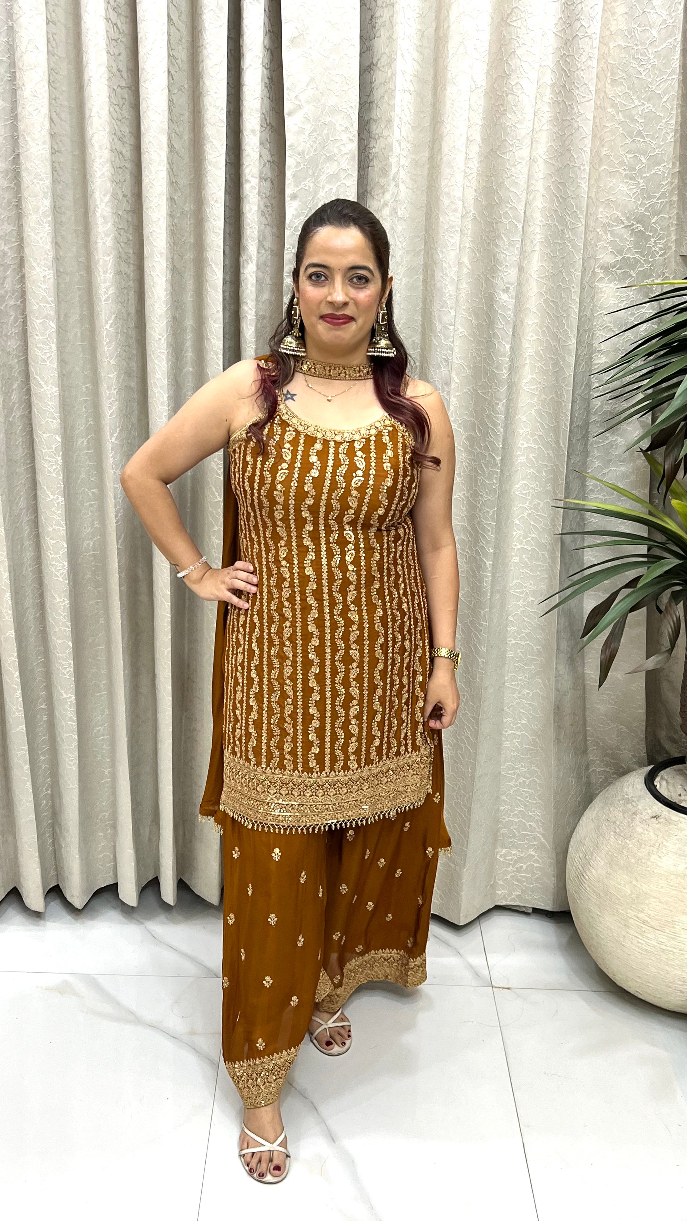 Pure Chinon Heavy Embroidered Suit Set with Necklace Style Dupatta – Mustard Gold