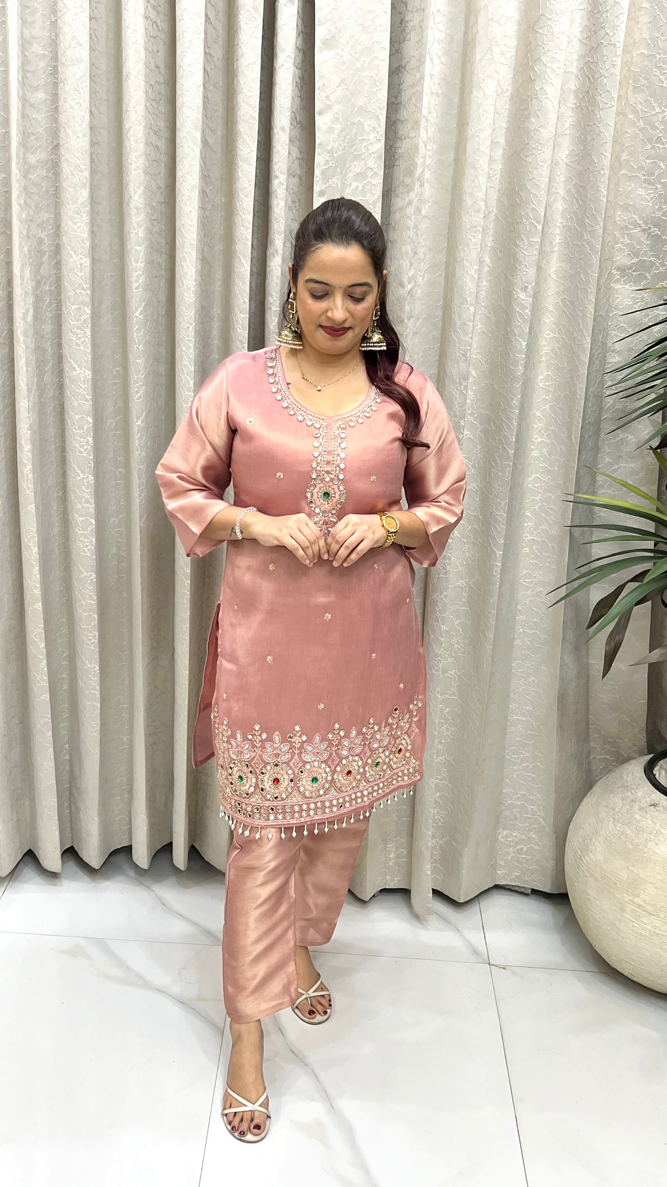 Organza Shimmer Embellished 2-Piece Suit Set