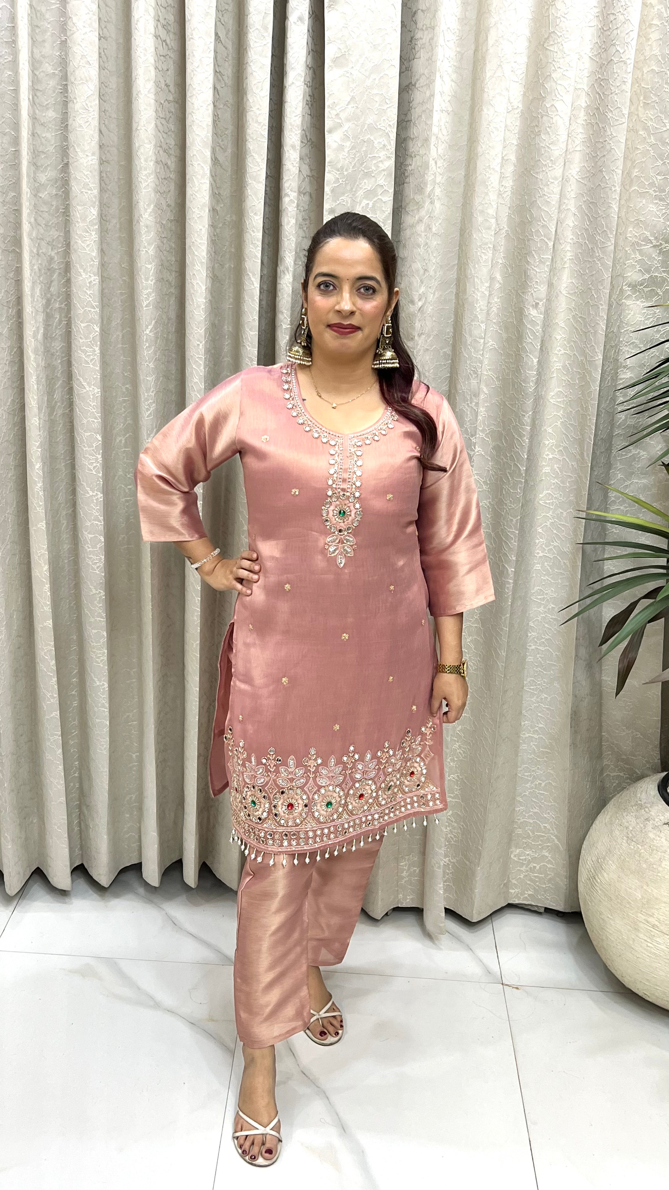 Organza Shimmer Embellished 2-Piece Suit Set