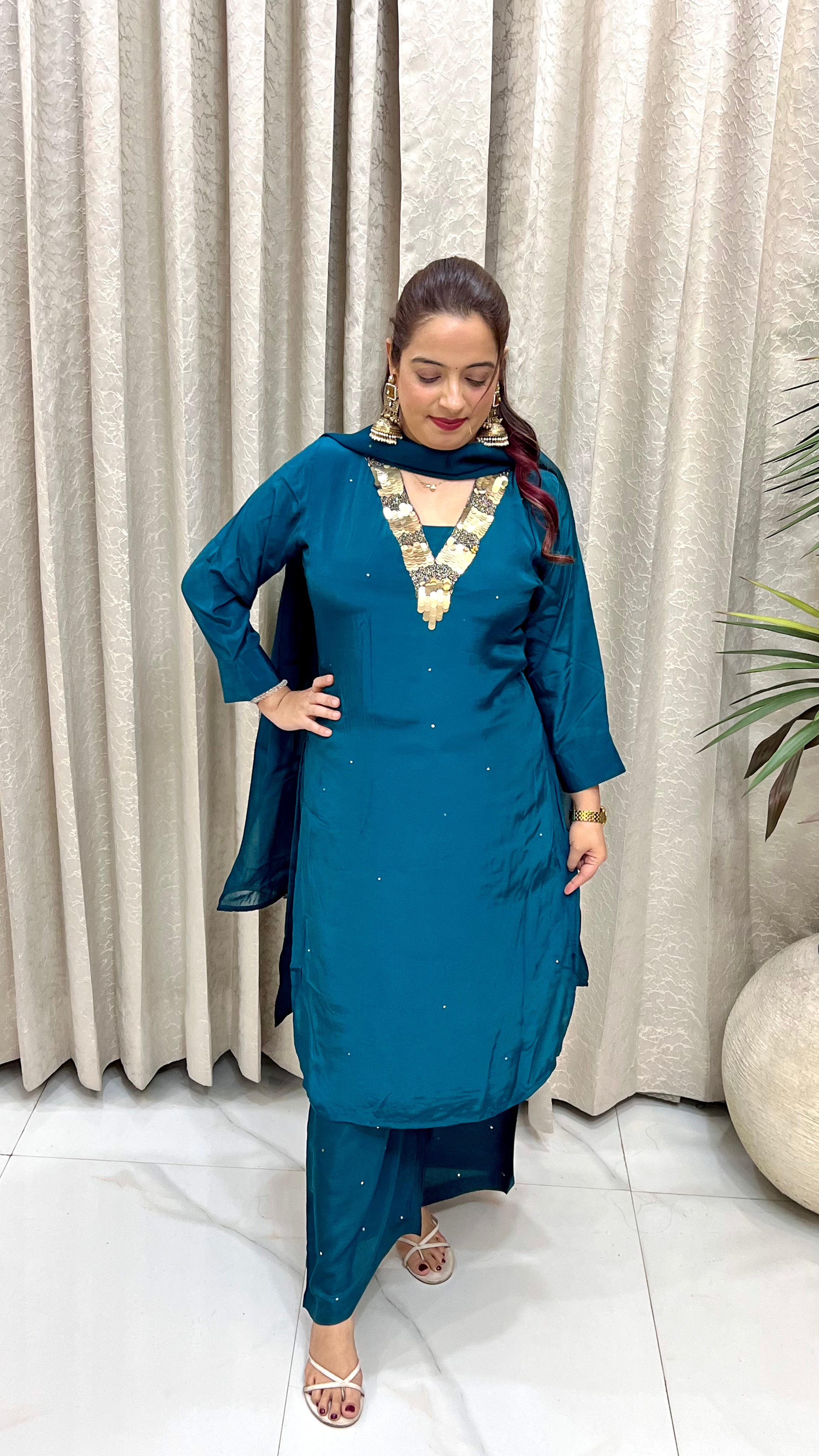 Teal Blue Natural Crepe Suit with Hand-Embroidered Coin Sequin V-Neckline
