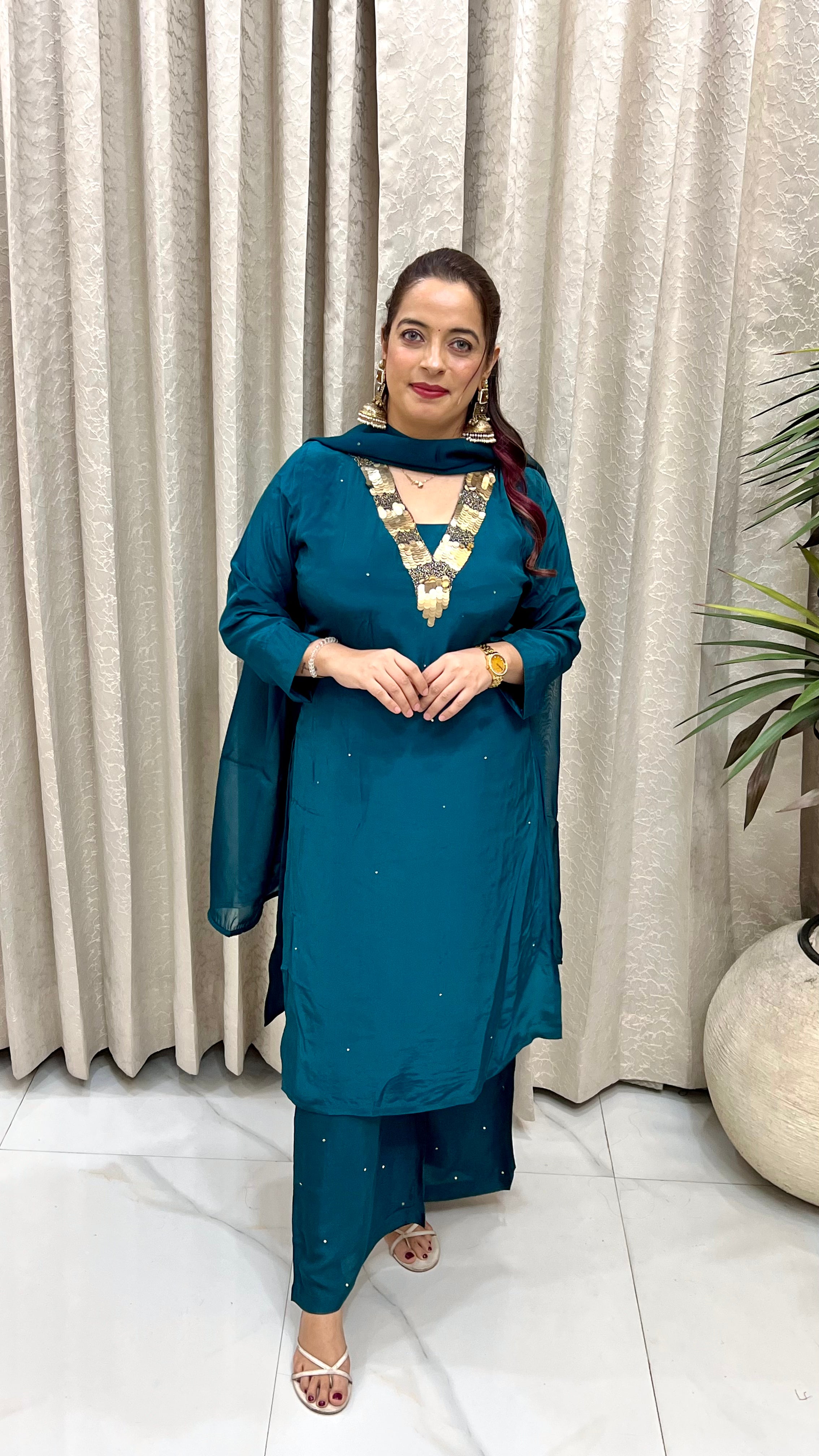 Teal Blue Natural Crepe Suit with Hand-Embroidered Coin Sequin V-Neckline