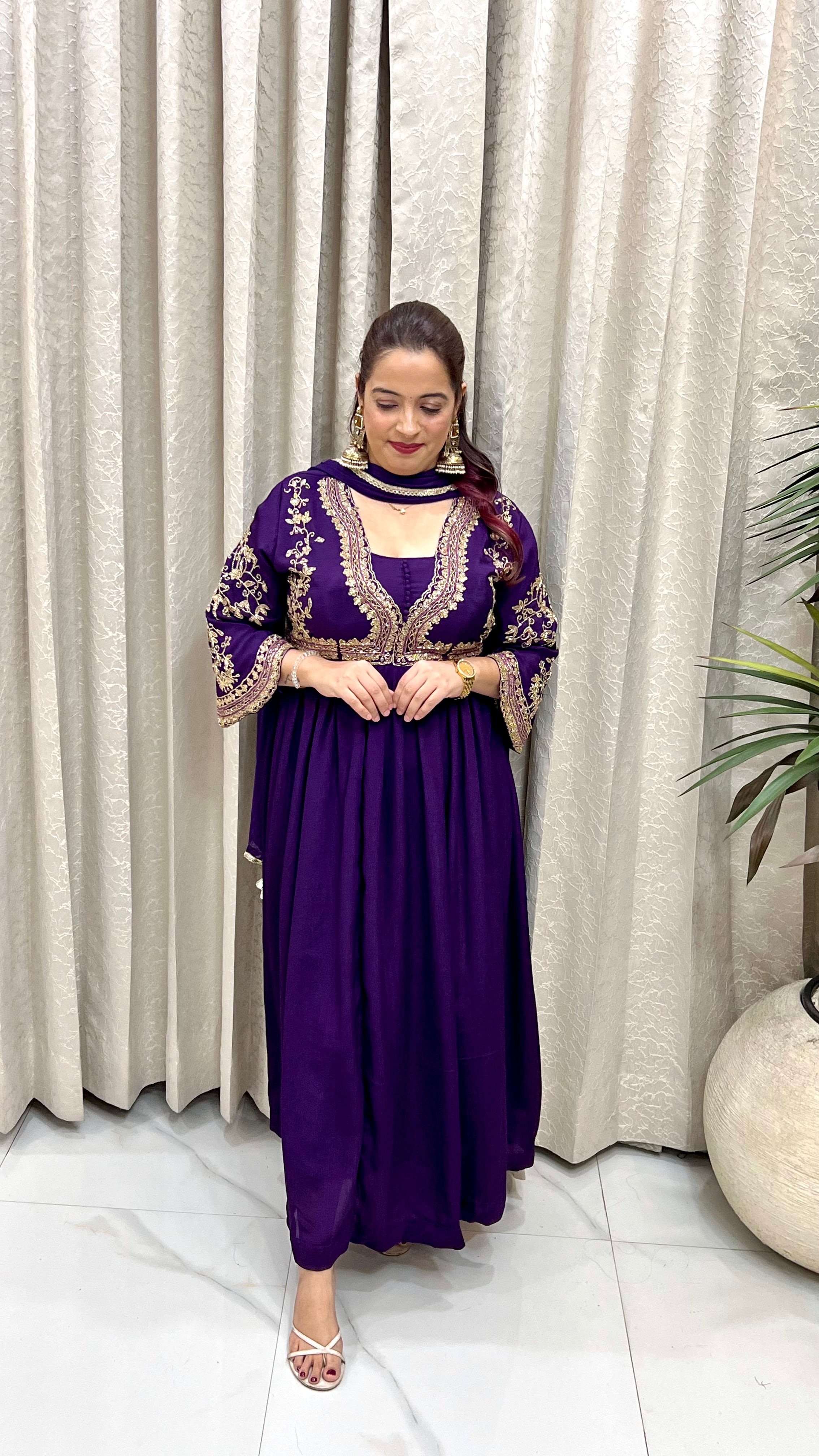 The Pure Chinon Padded Floor-Length Anarkali Suit with C-Cut Sleeves
