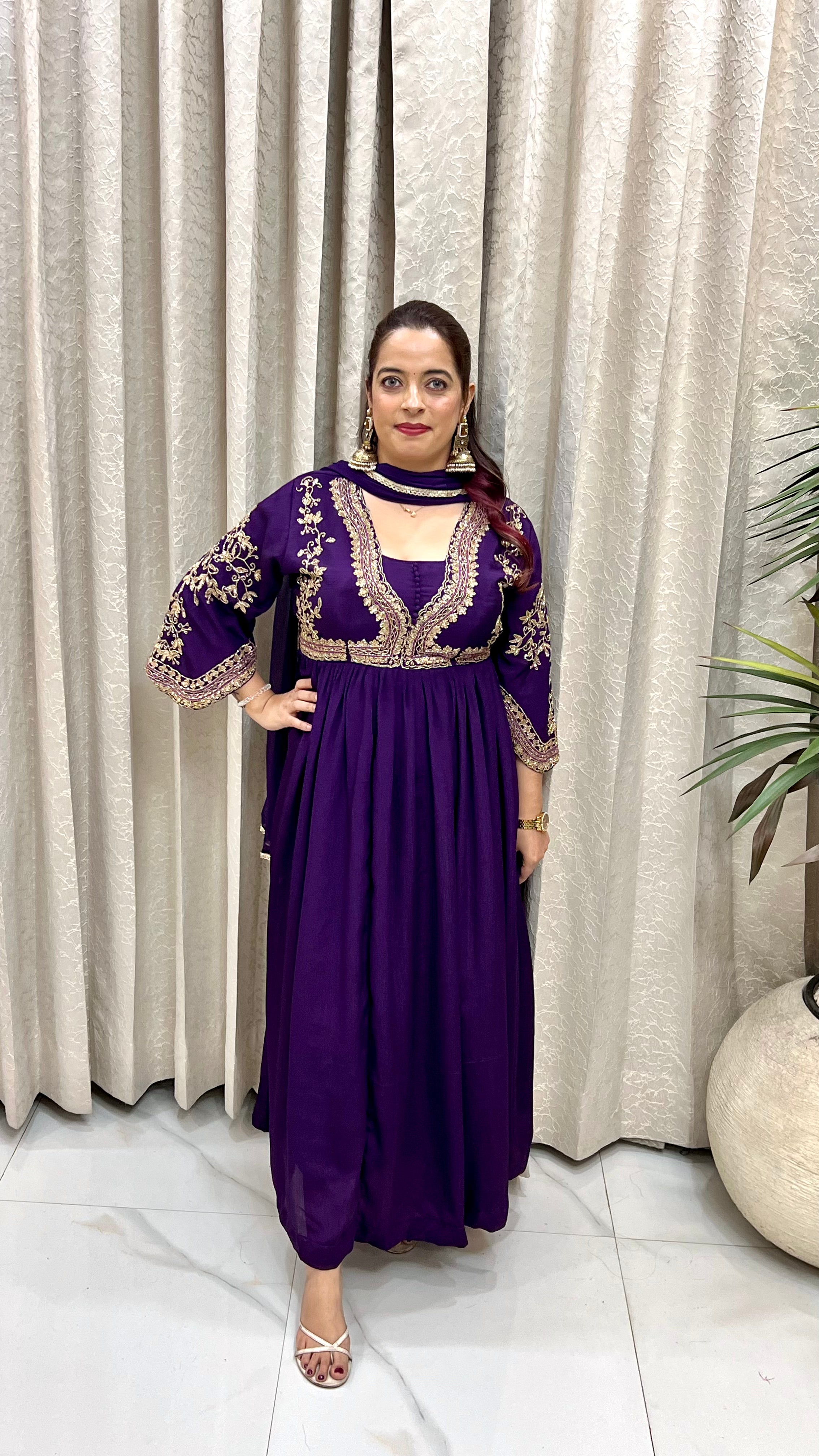 The Pure Chinon Padded Floor-Length Anarkali Suit with C-Cut Sleeves