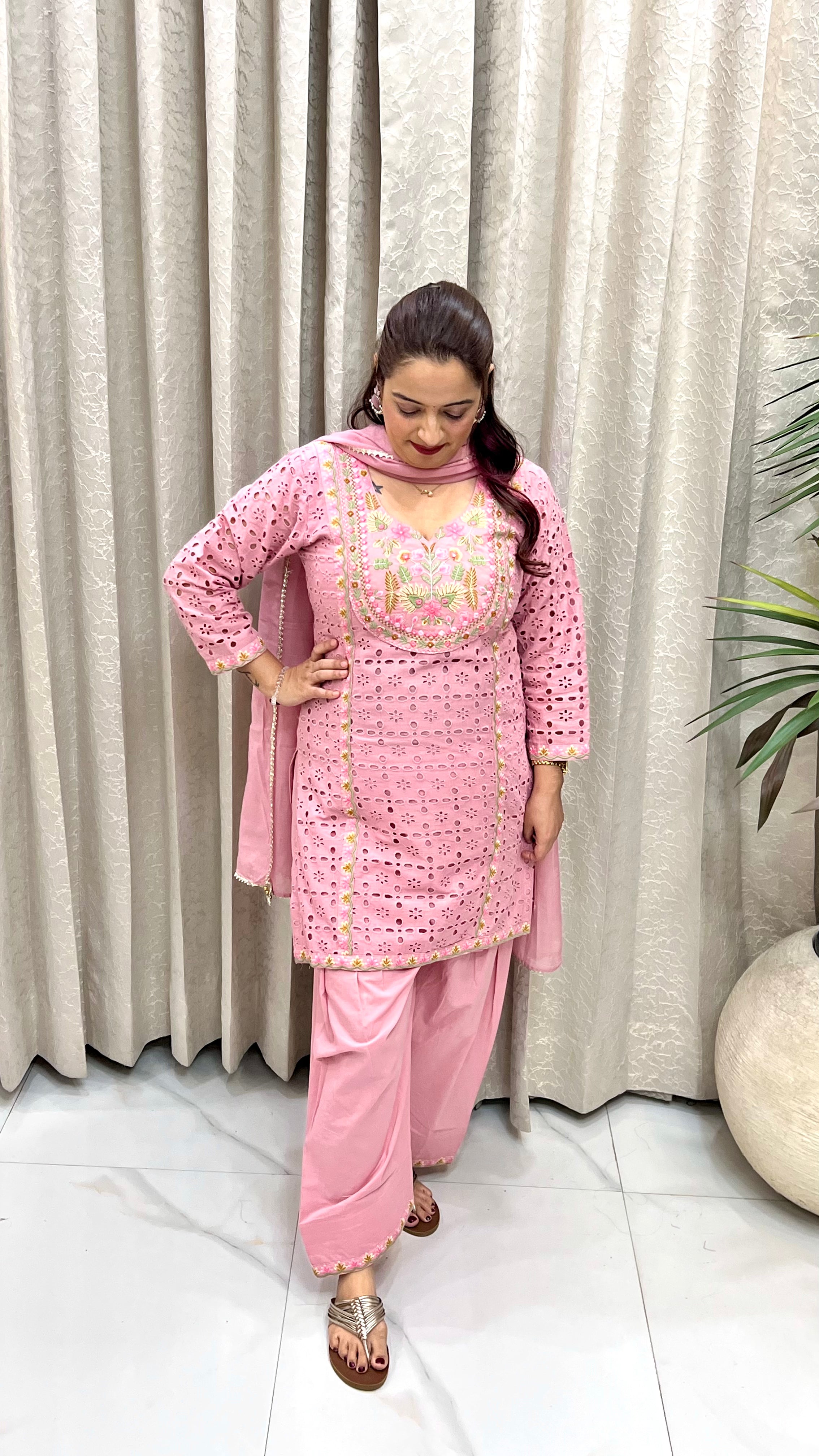 The Most Viral Dusty Pink Schiffli Cotton Farshi Salwar Suit