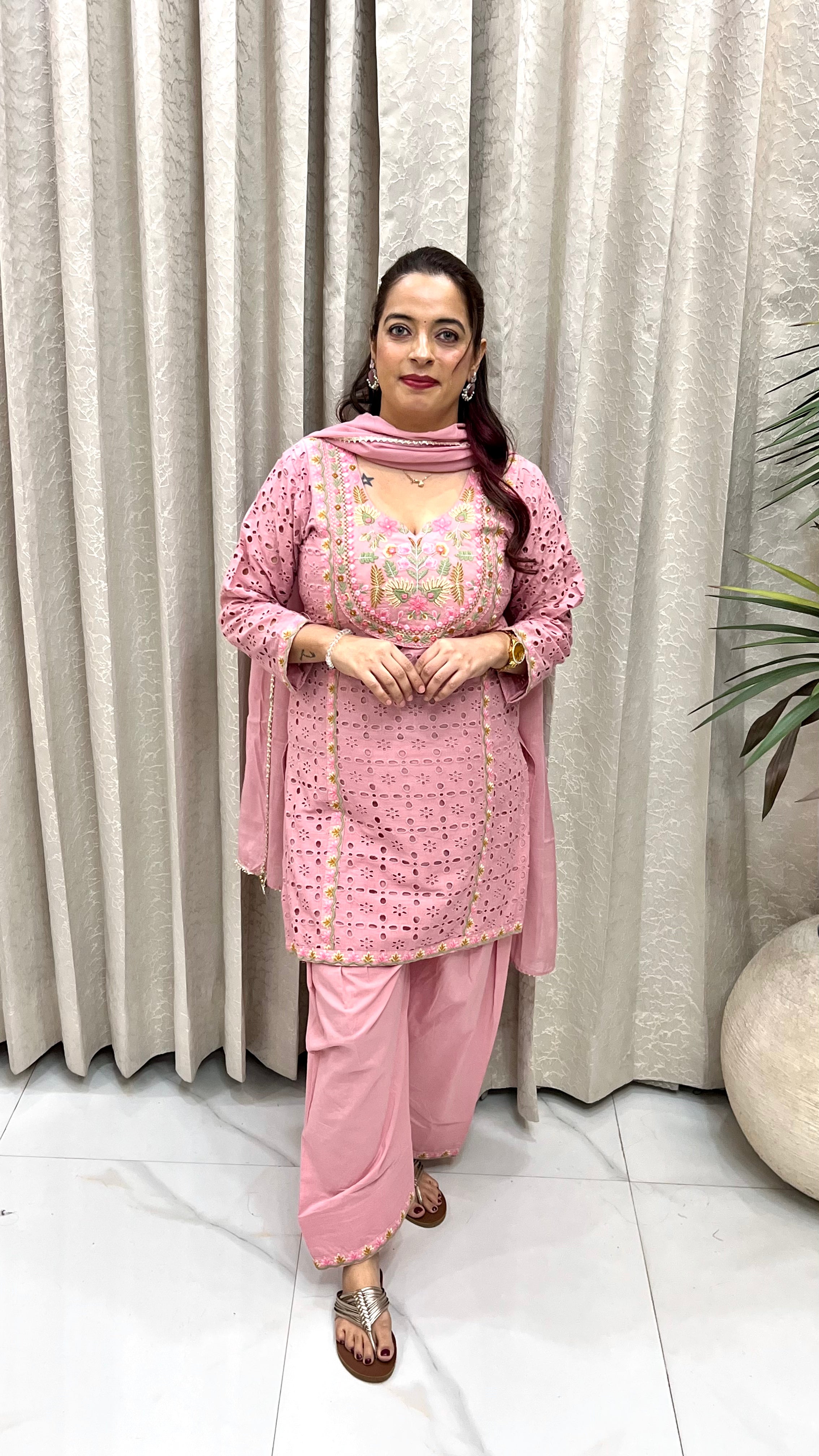 The Most Viral Dusty Pink Schiffli Cotton Farshi Salwar Suit