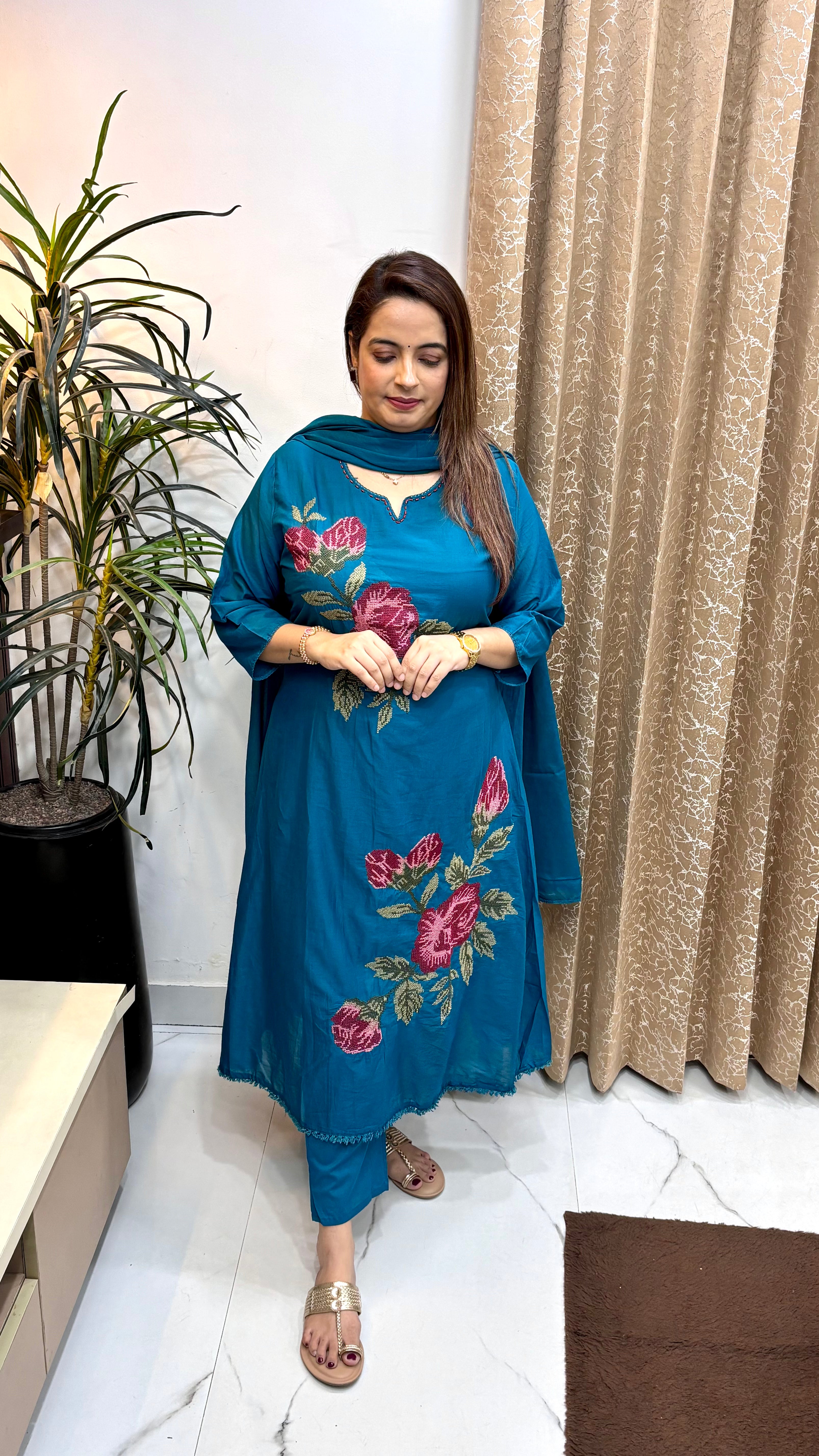 The Pure Mul Cotton Cross-Stitch & Katha Embroidered Suit
