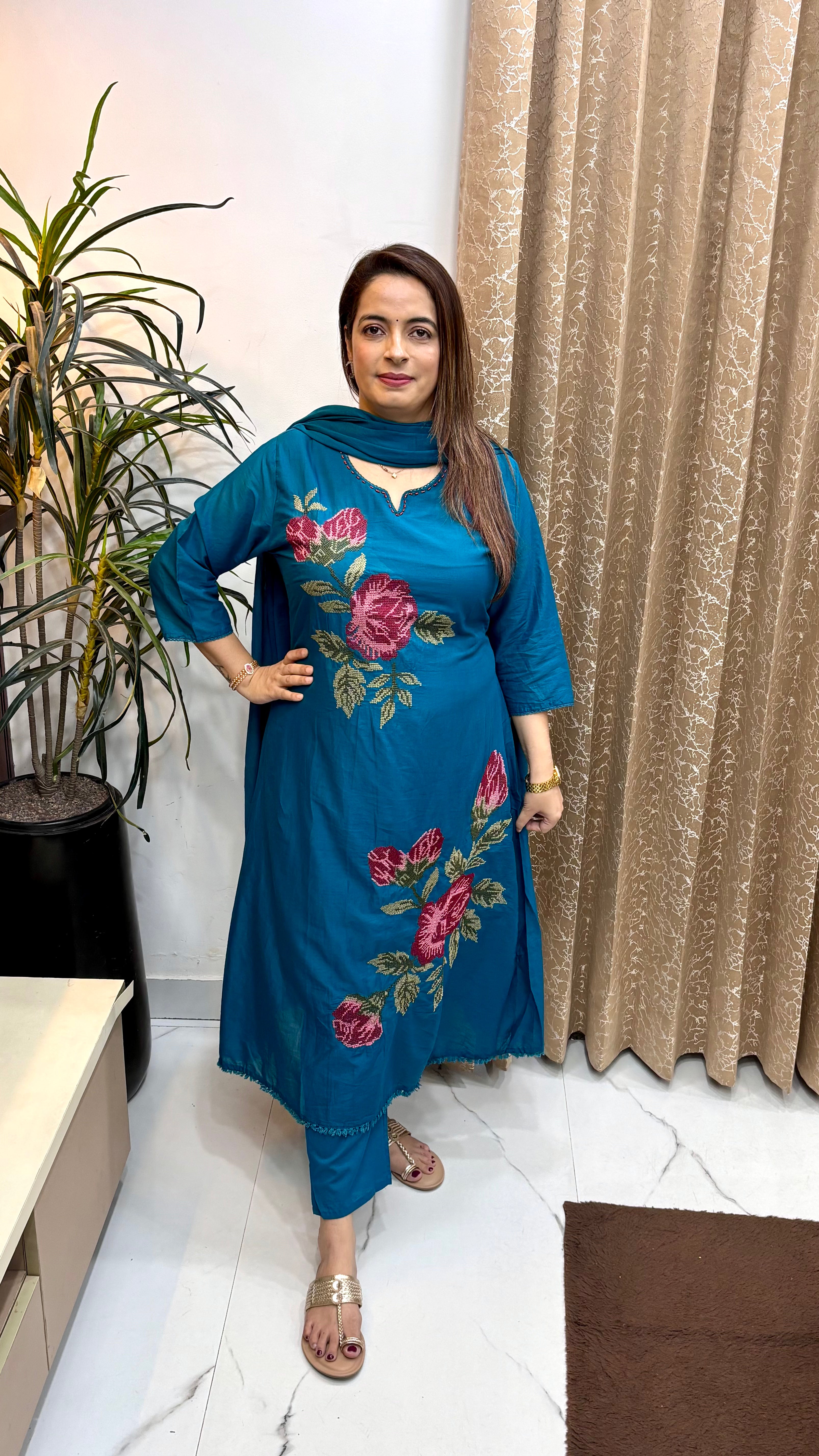 The Pure Mul Cotton Cross-Stitch & Katha Embroidered Suit