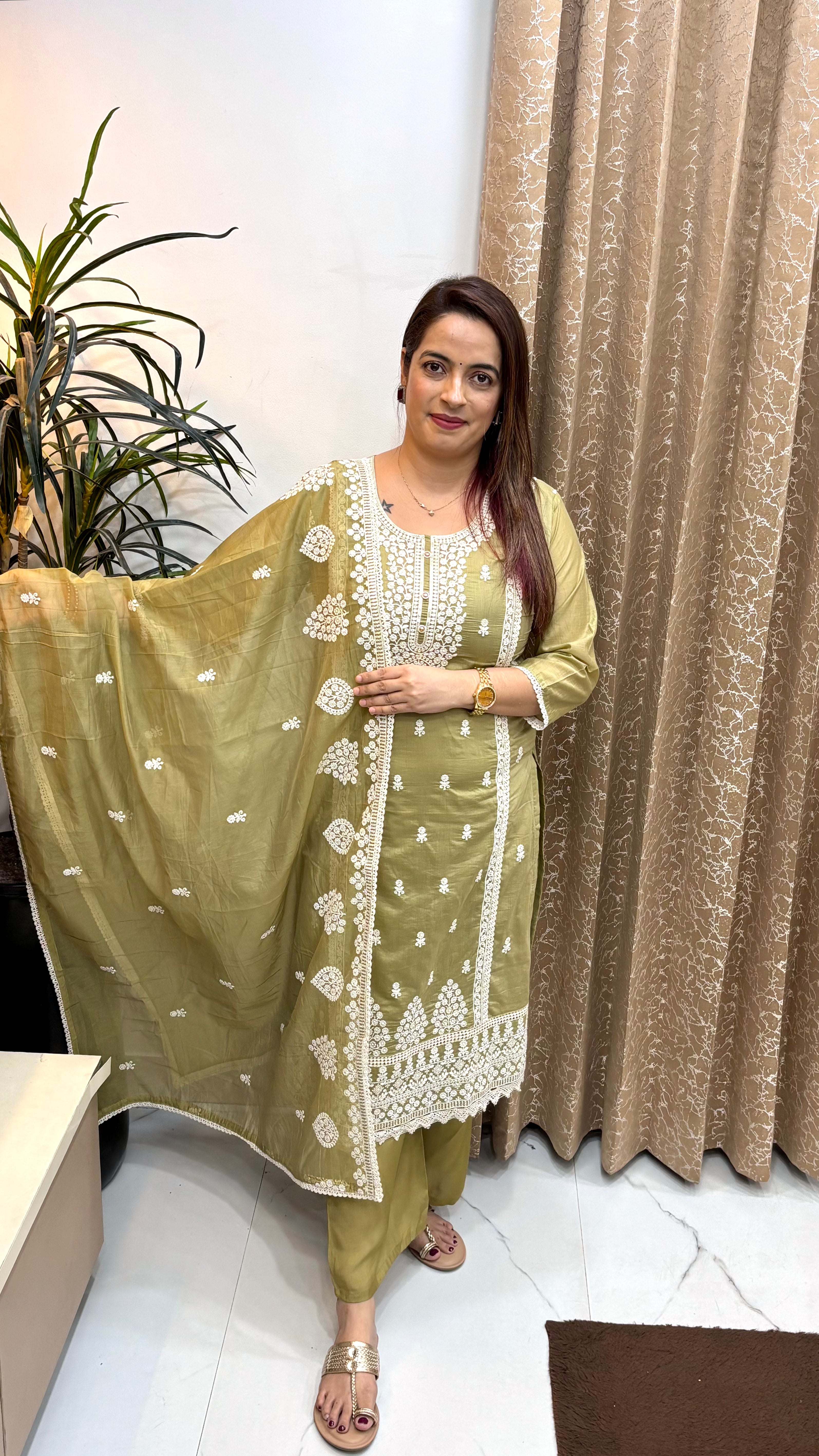 The Mul Chanderi Chikankari Lucknawi Suit Set