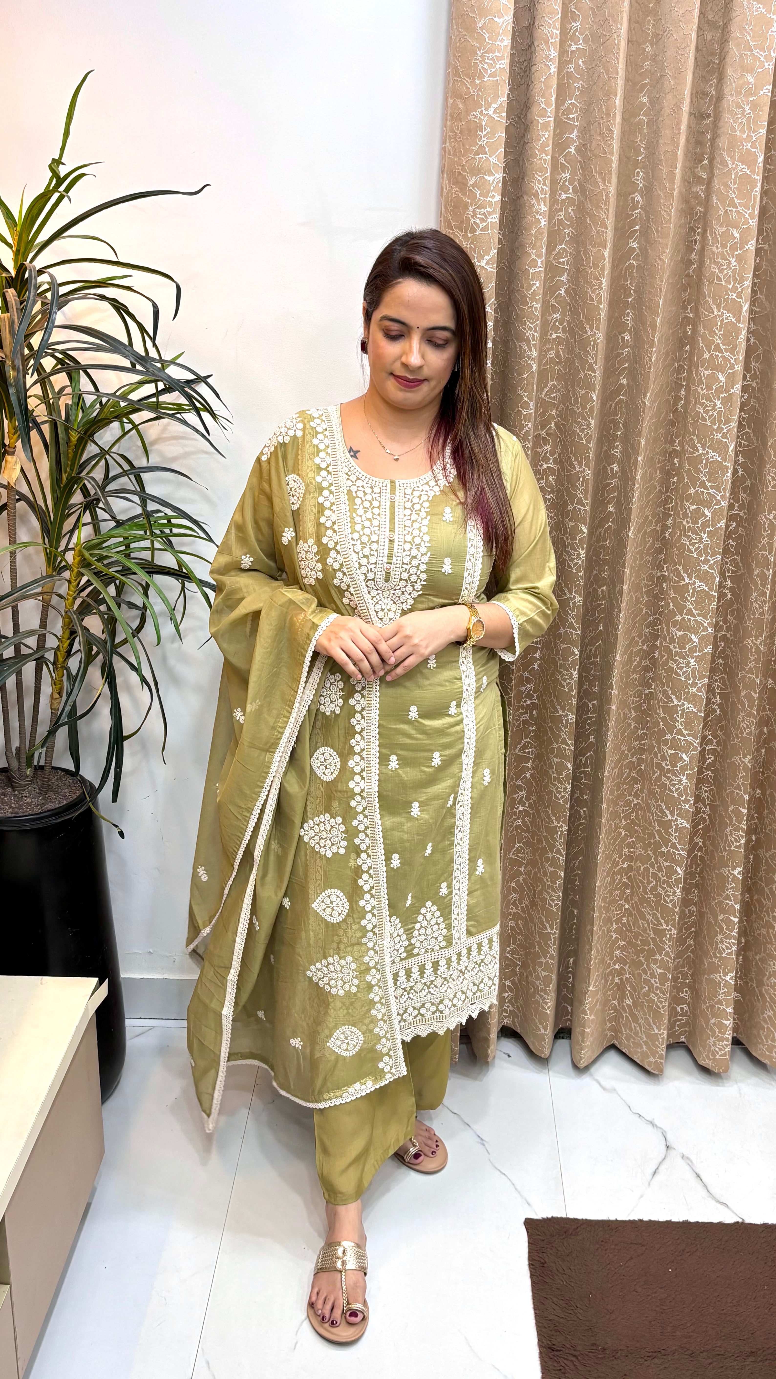The Mul Chanderi Chikankari Lucknawi Suit Set