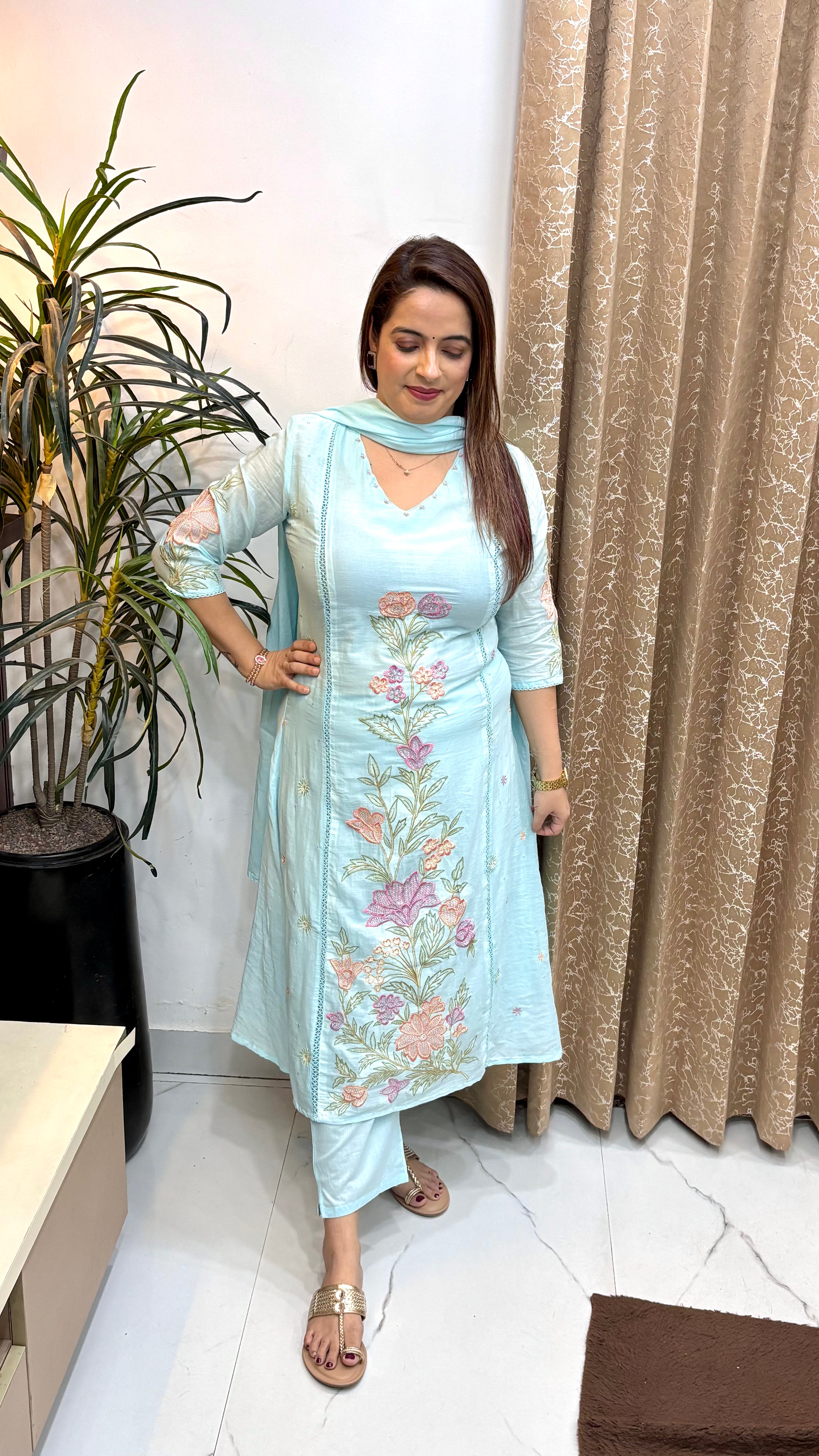 The Pure Mul Cotton Pearl & Crochet Embroidered Suit Set