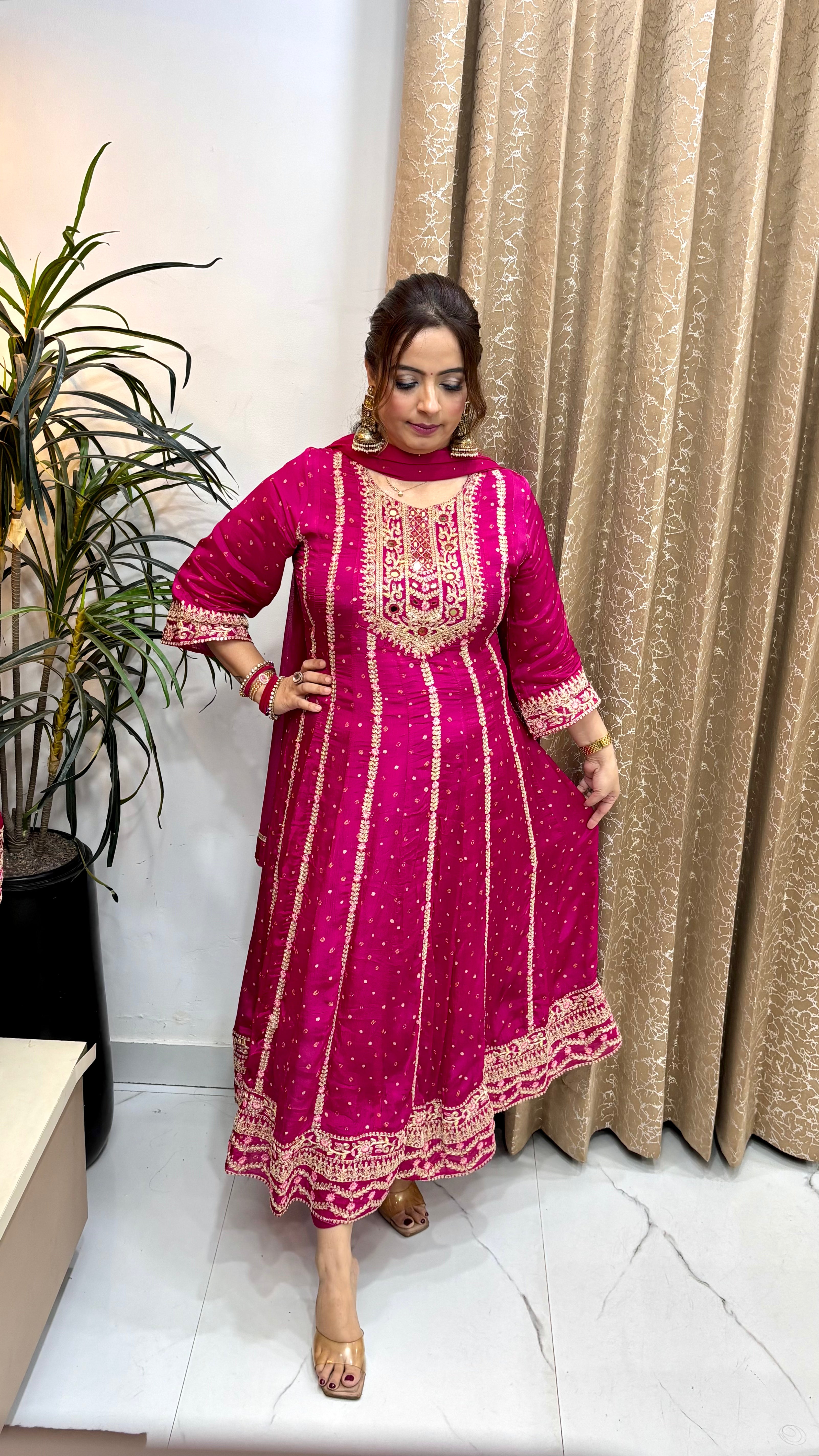 The Pure Chinon Red Mirror & Bandhani Print Suit Set