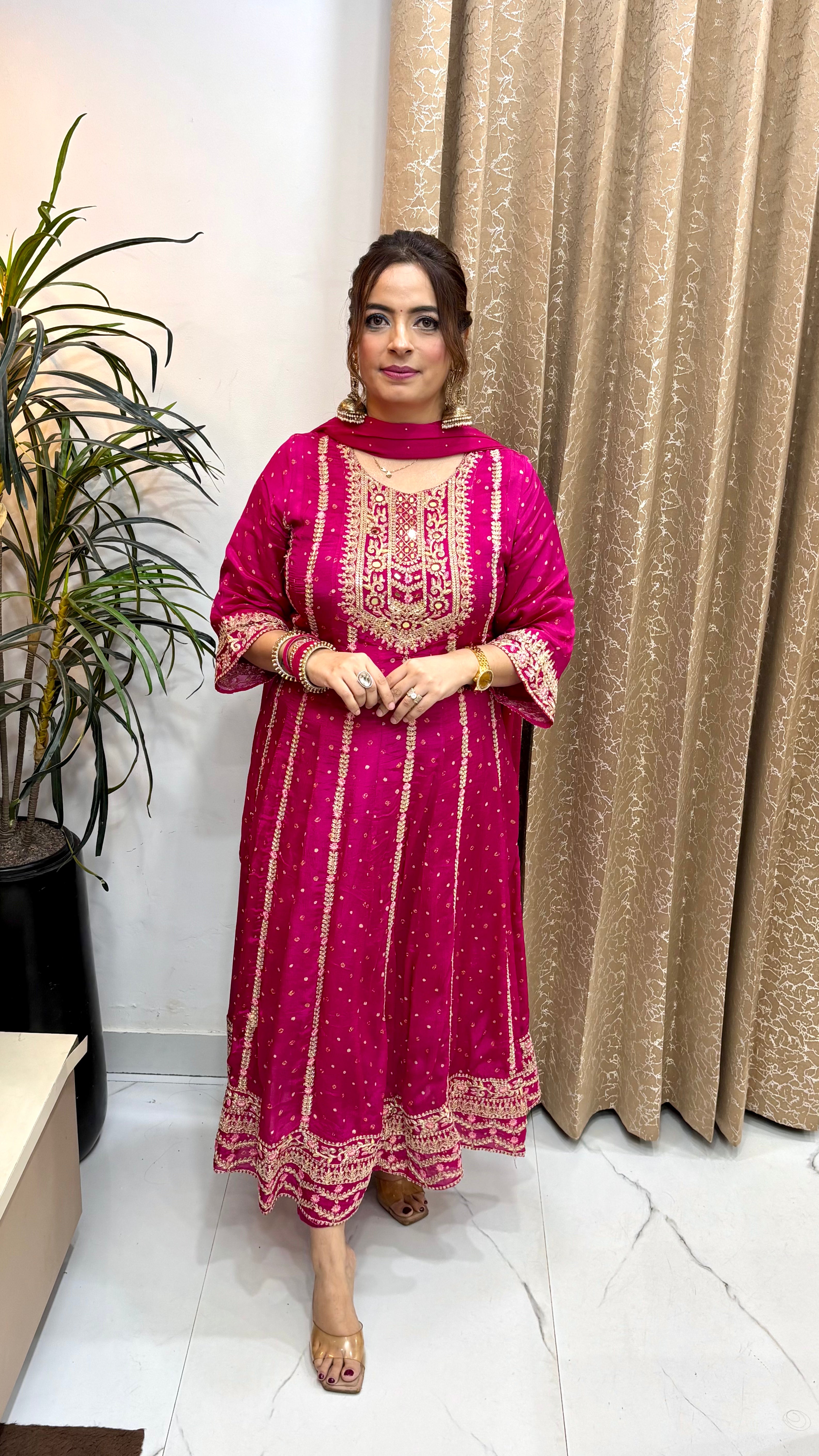 The Pure Chinon Red Mirror & Bandhani Print Suit Set