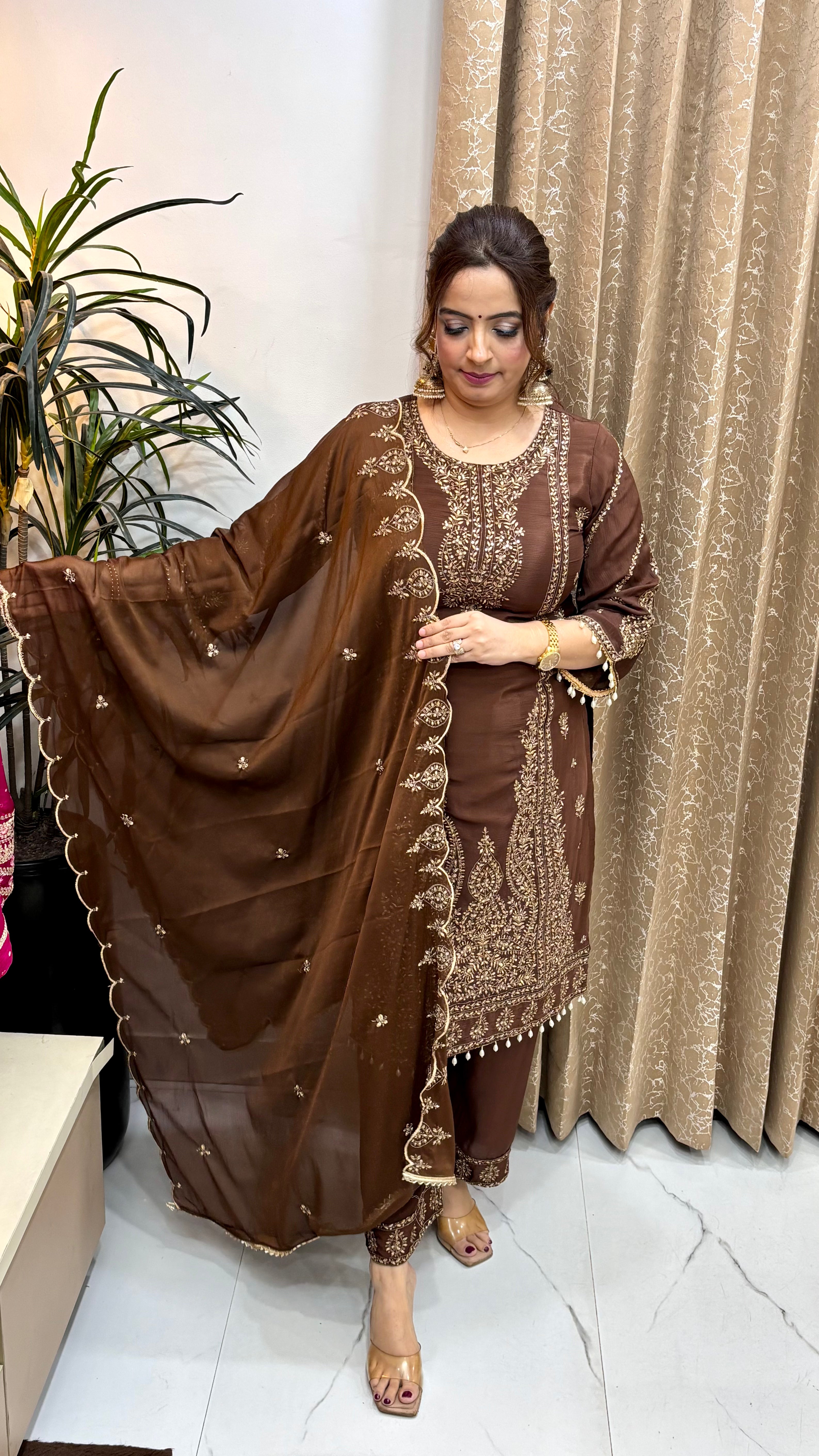 The Pure Chinon Suit with All-Over Zardozi Work & Cutwork Dupatta