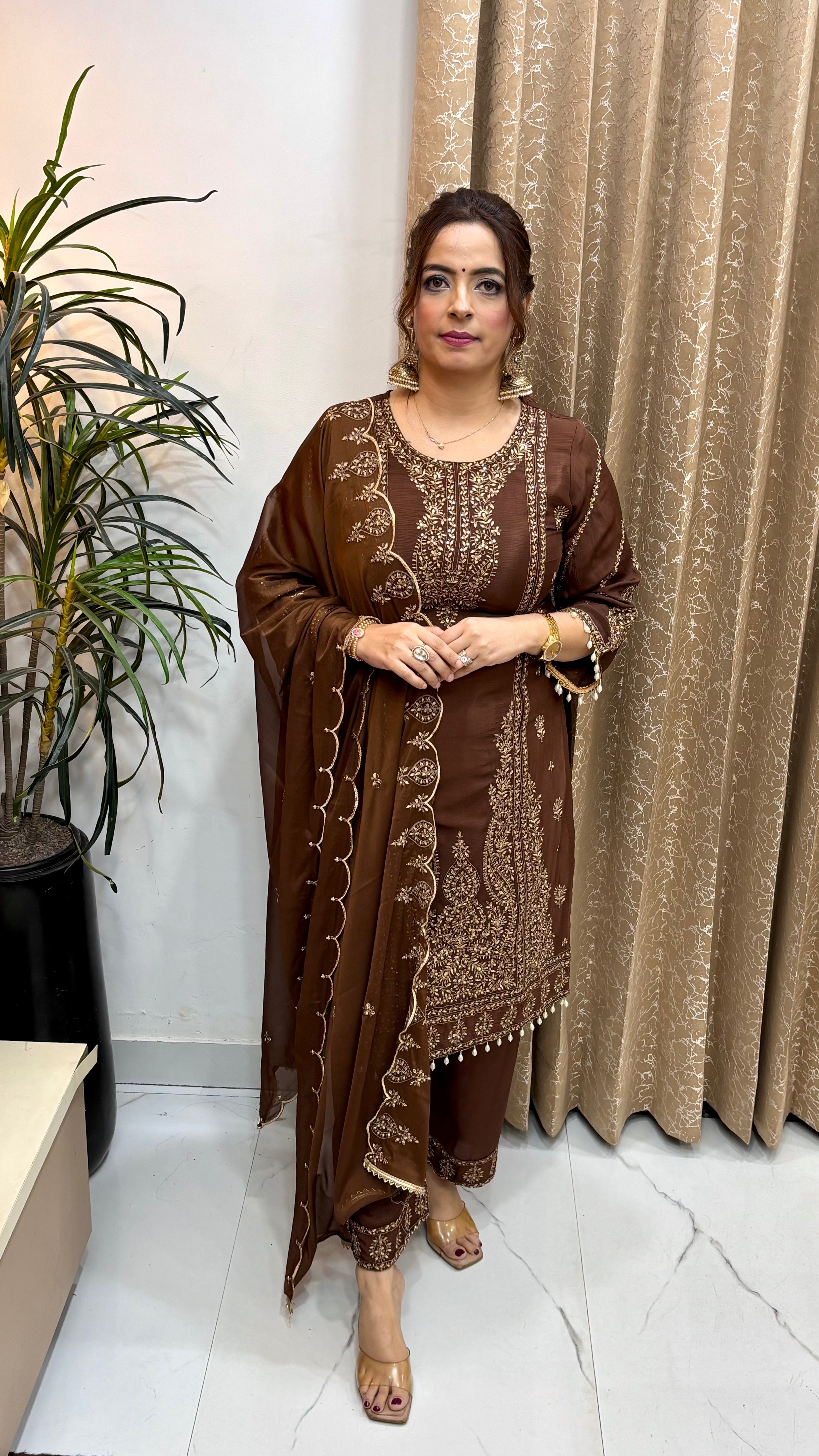 The Pure Chinon Suit with All-Over Zardozi Work & Cutwork Dupatta