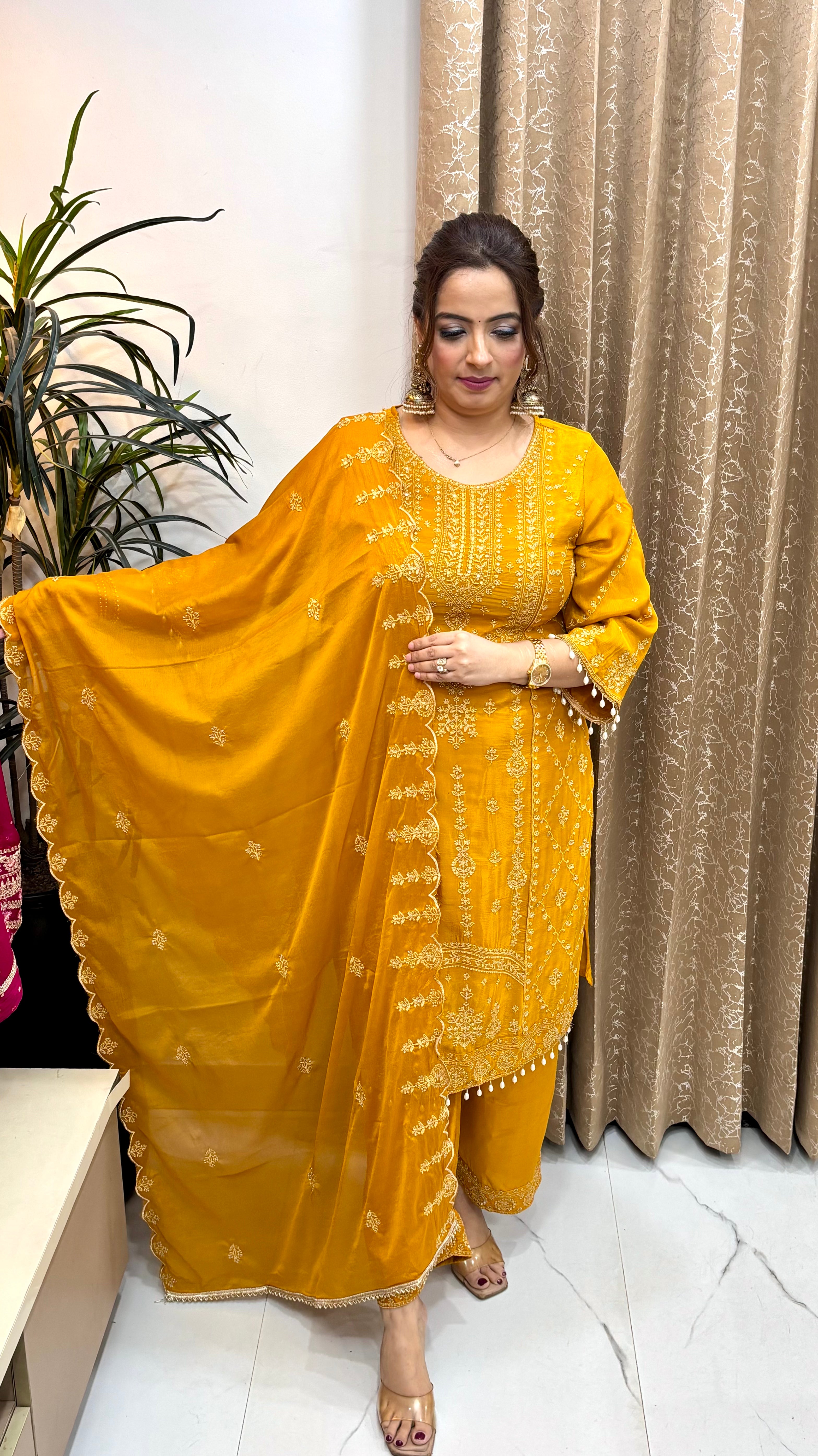 The Pure Chinon Suit with All-Over Zardozi Work & Cutwork Dupatta