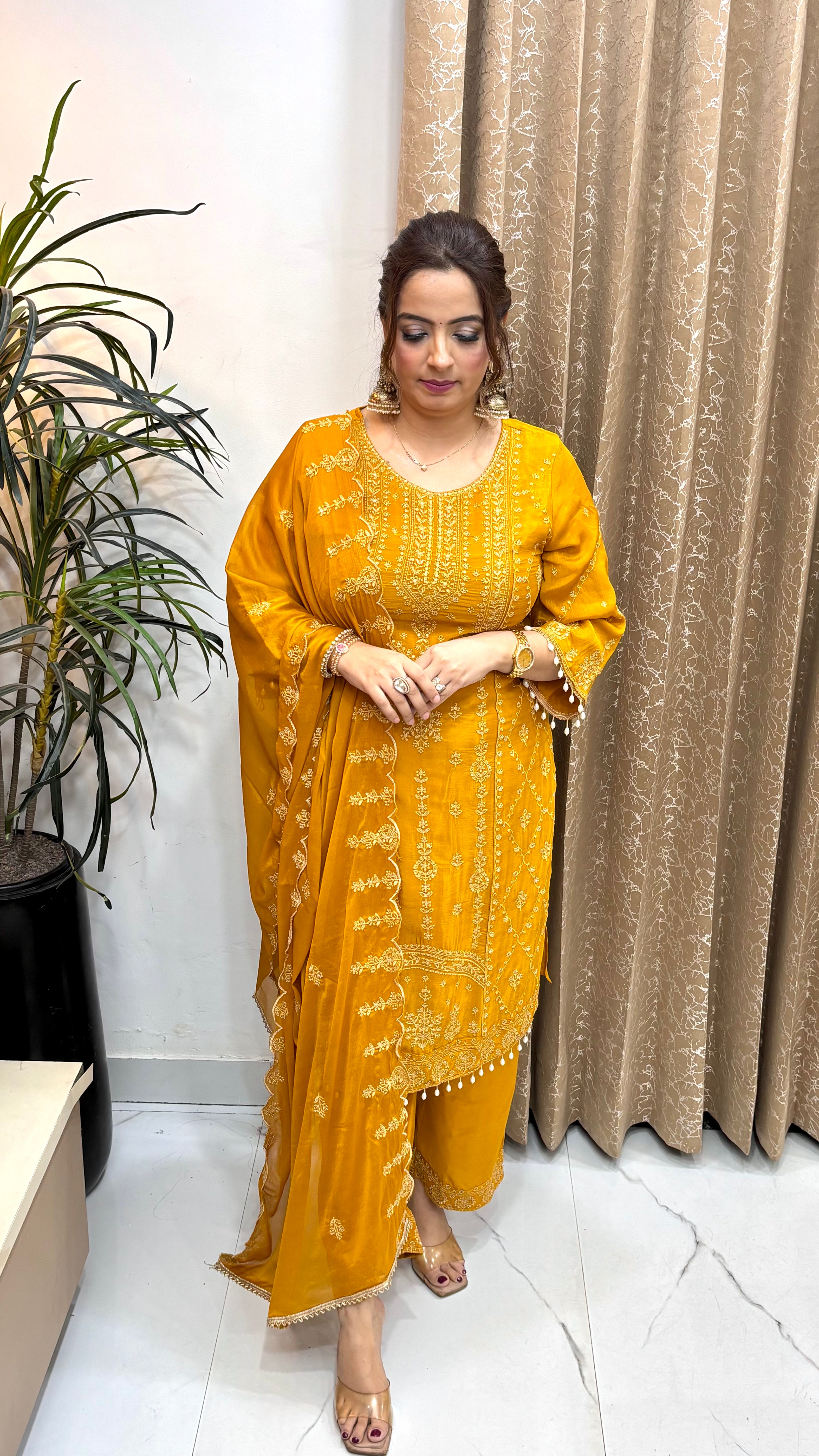 The Pure Chinon Suit with All-Over Zardozi Work & Cutwork Dupatta