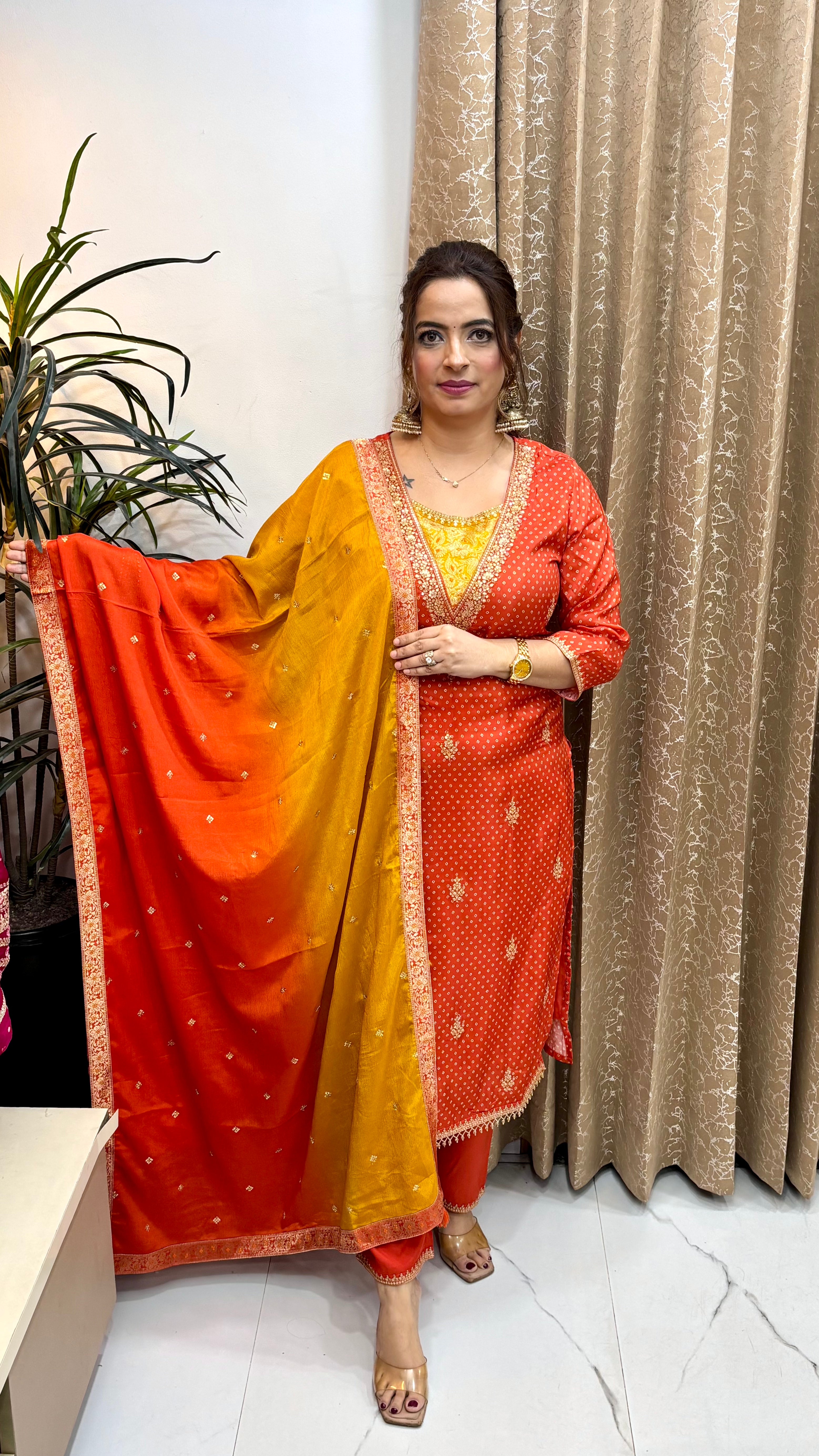 The Pure Paper Silk Bandhani & Mustard Banarasi Suit Set