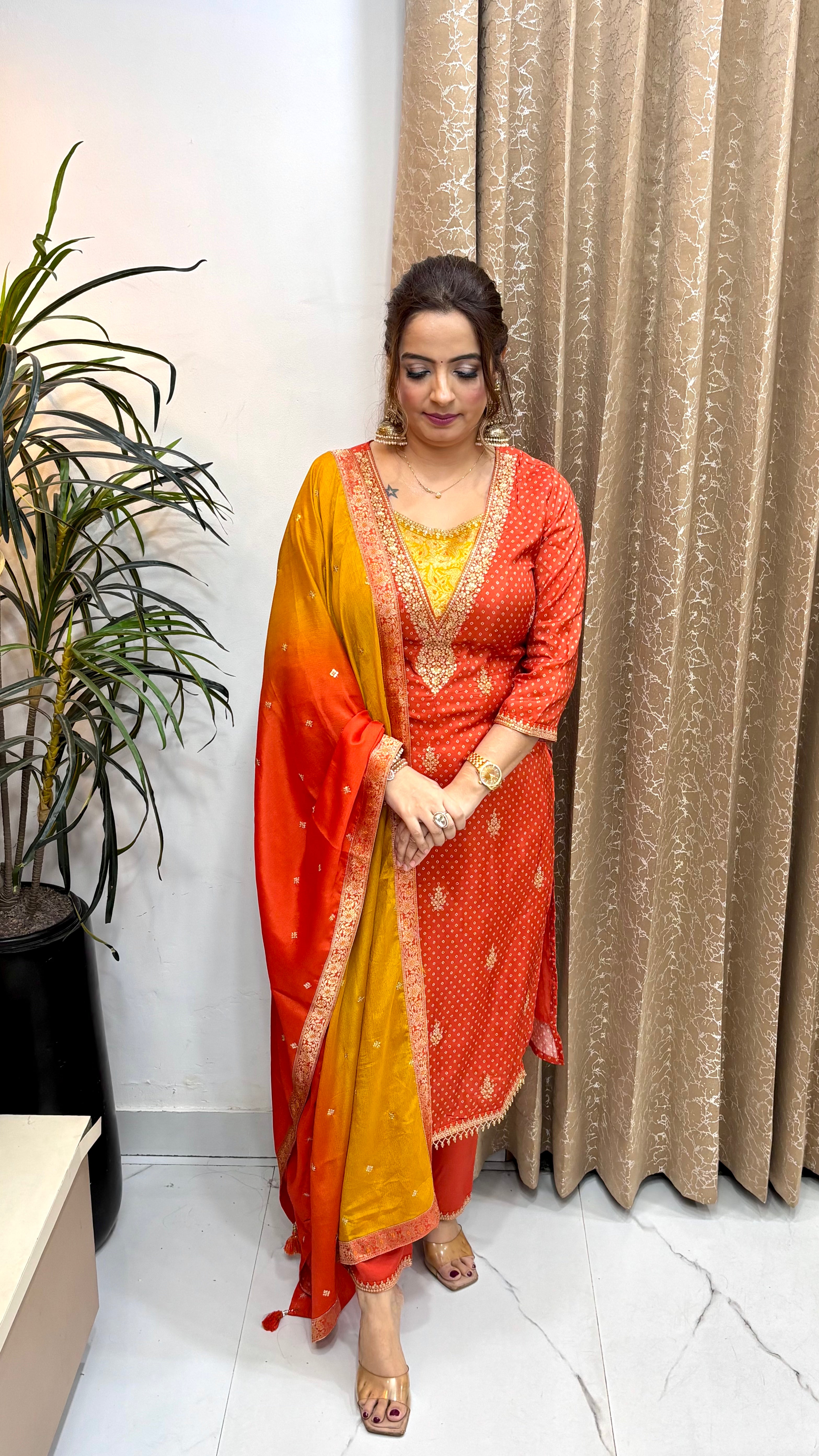 The Pure Paper Silk Bandhani & Mustard Banarasi Suit Set