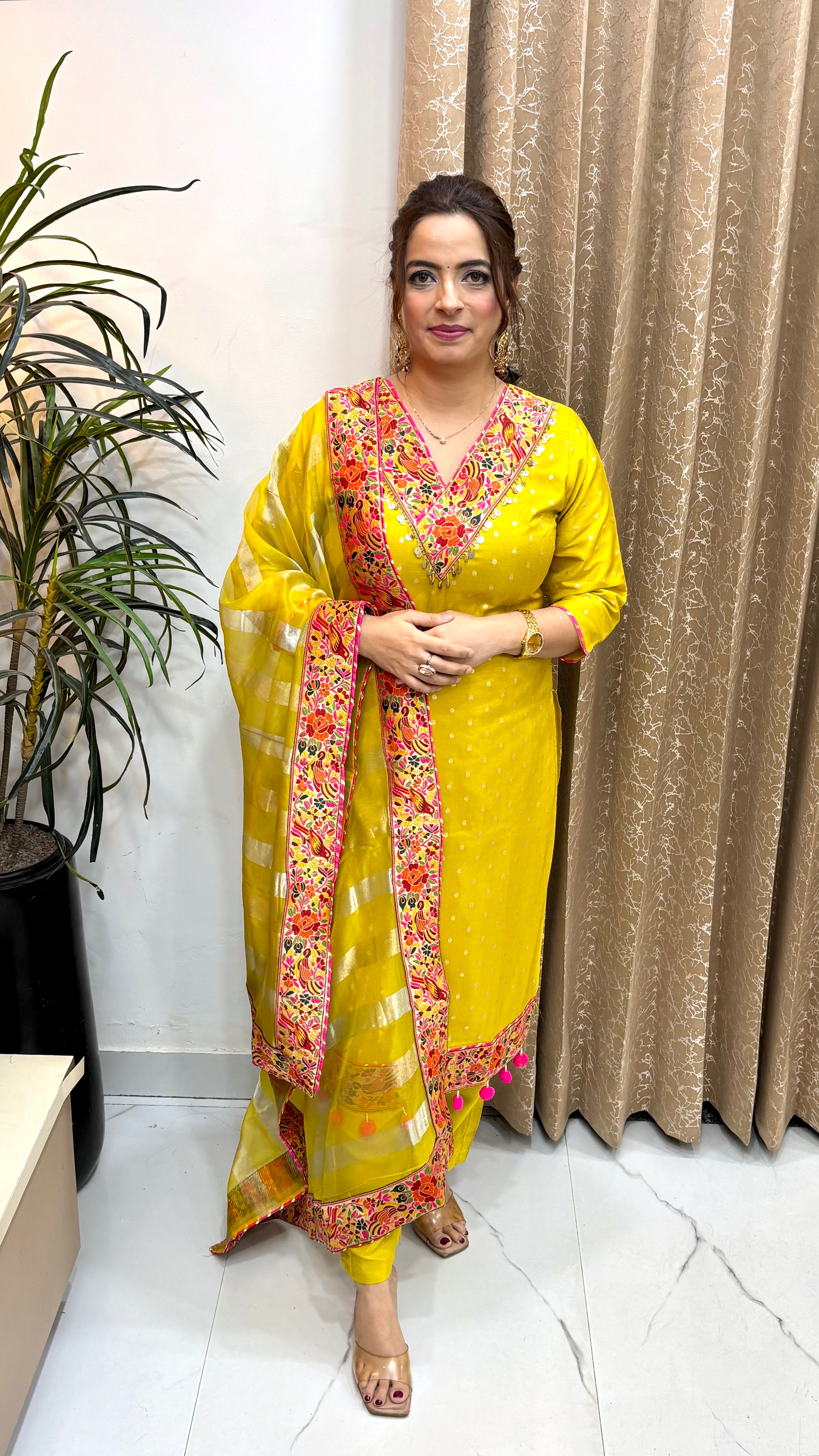 The Organza Shimmer Suit with Banarasi Accents & Pom-Pom Detailing