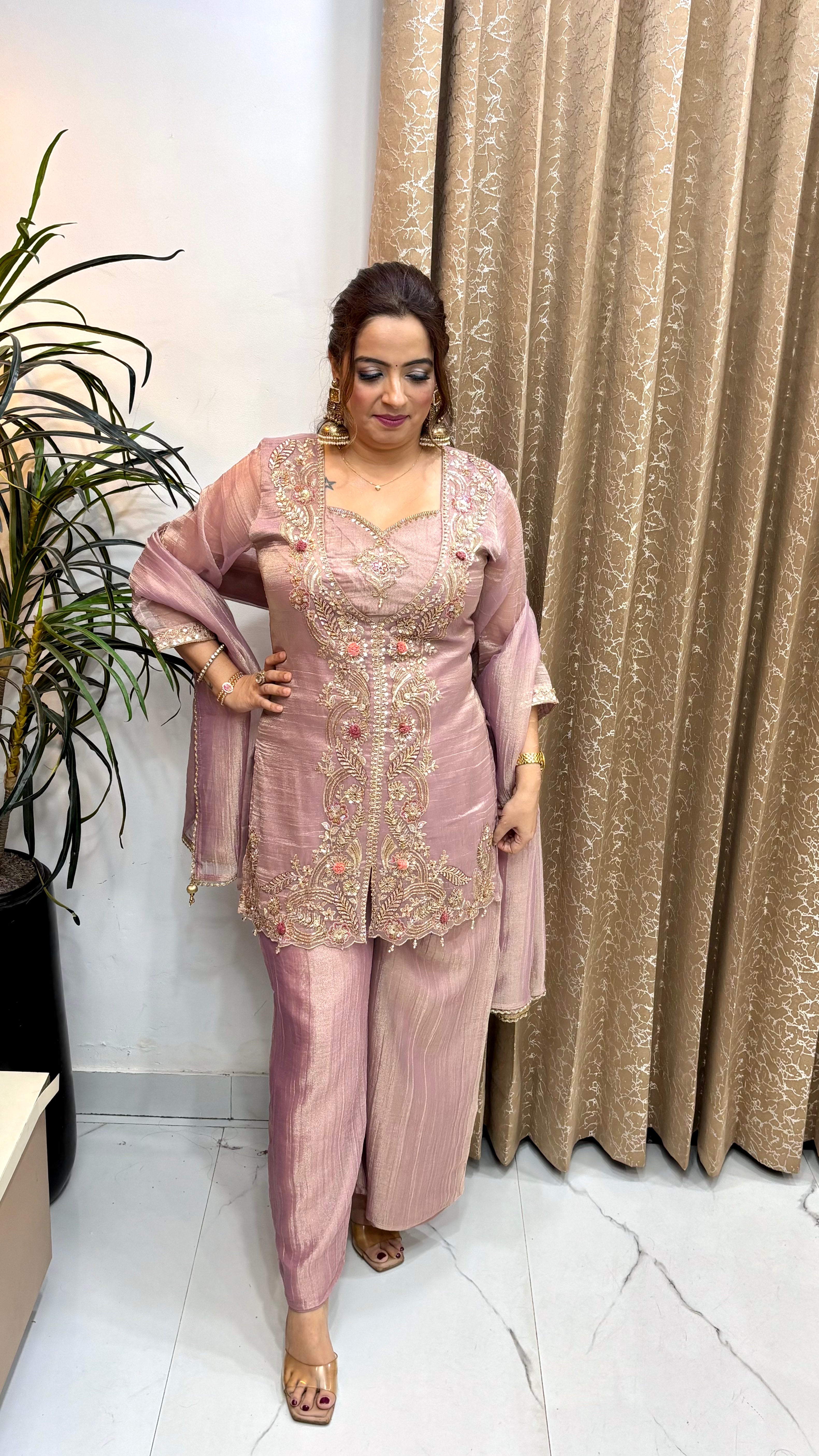 The Organza Shimmer Suit with Cutwork & Flared Divider Bottom