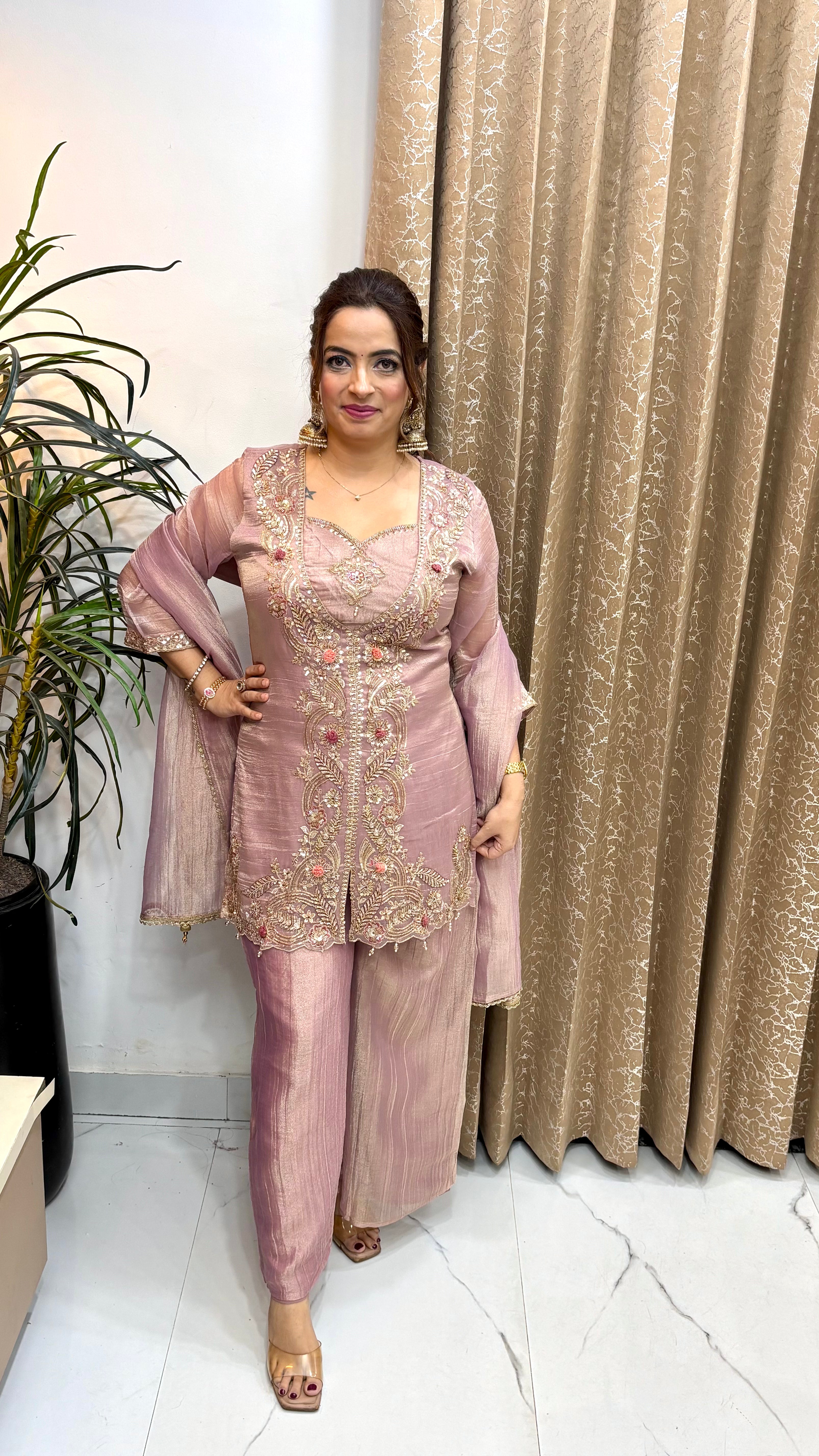 The Organza Shimmer Suit with Cutwork & Flared Divider Bottom