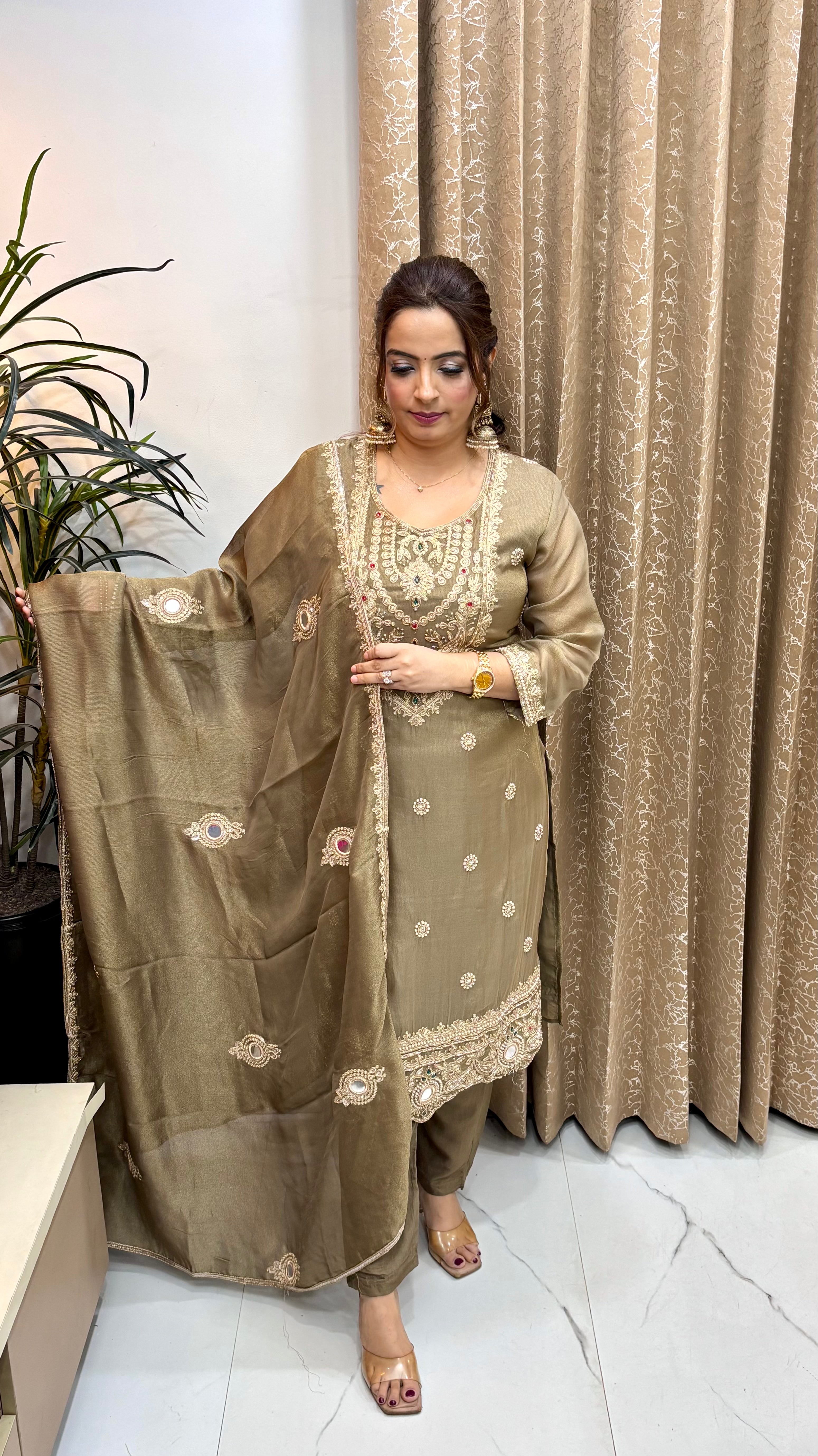 The Organza Shimmer Suit with Zardozi, Kundan Work, & Mirror Dupatta