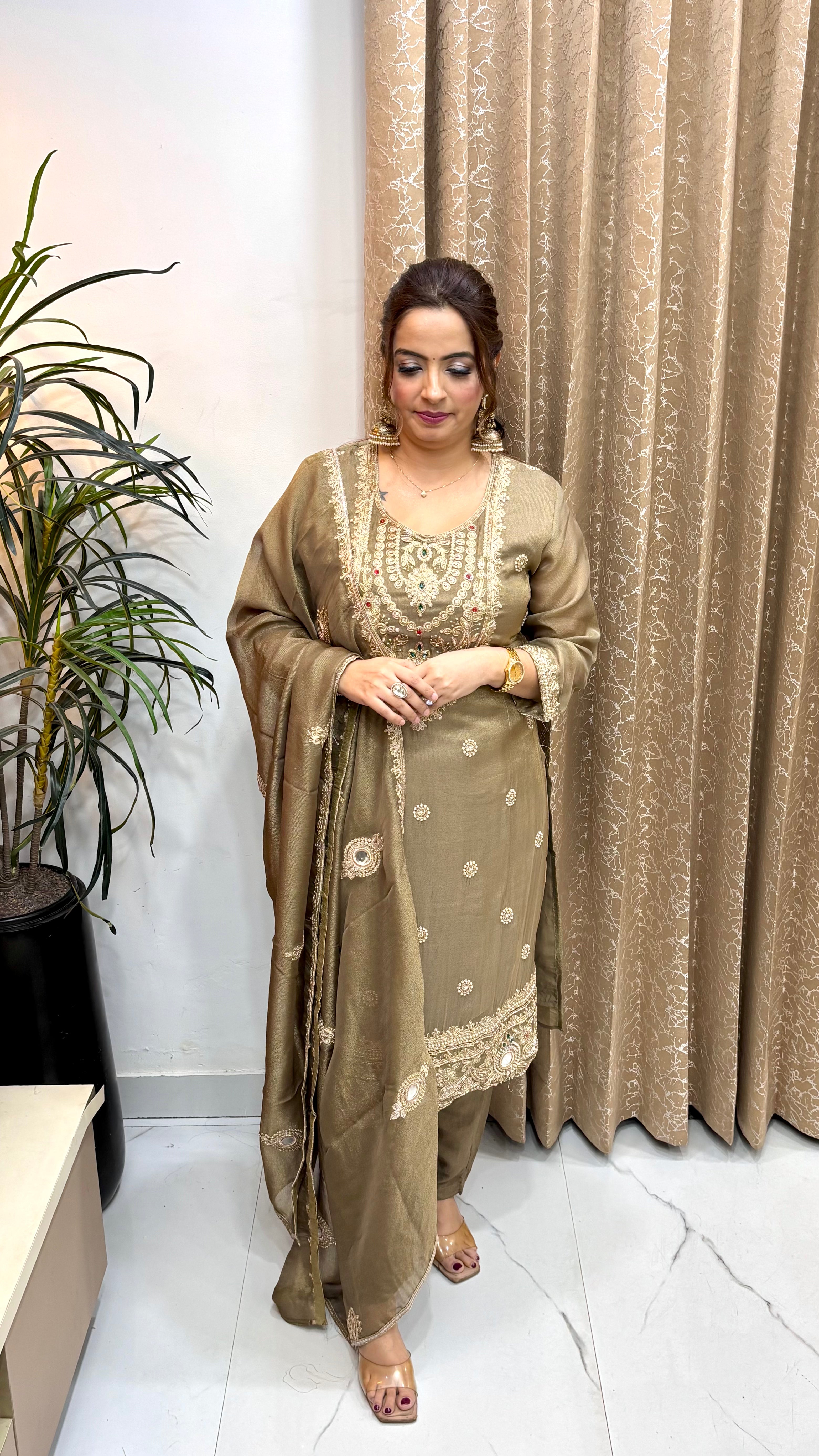 The Organza Shimmer Suit with Zardozi, Kundan Work, & Mirror Dupatta