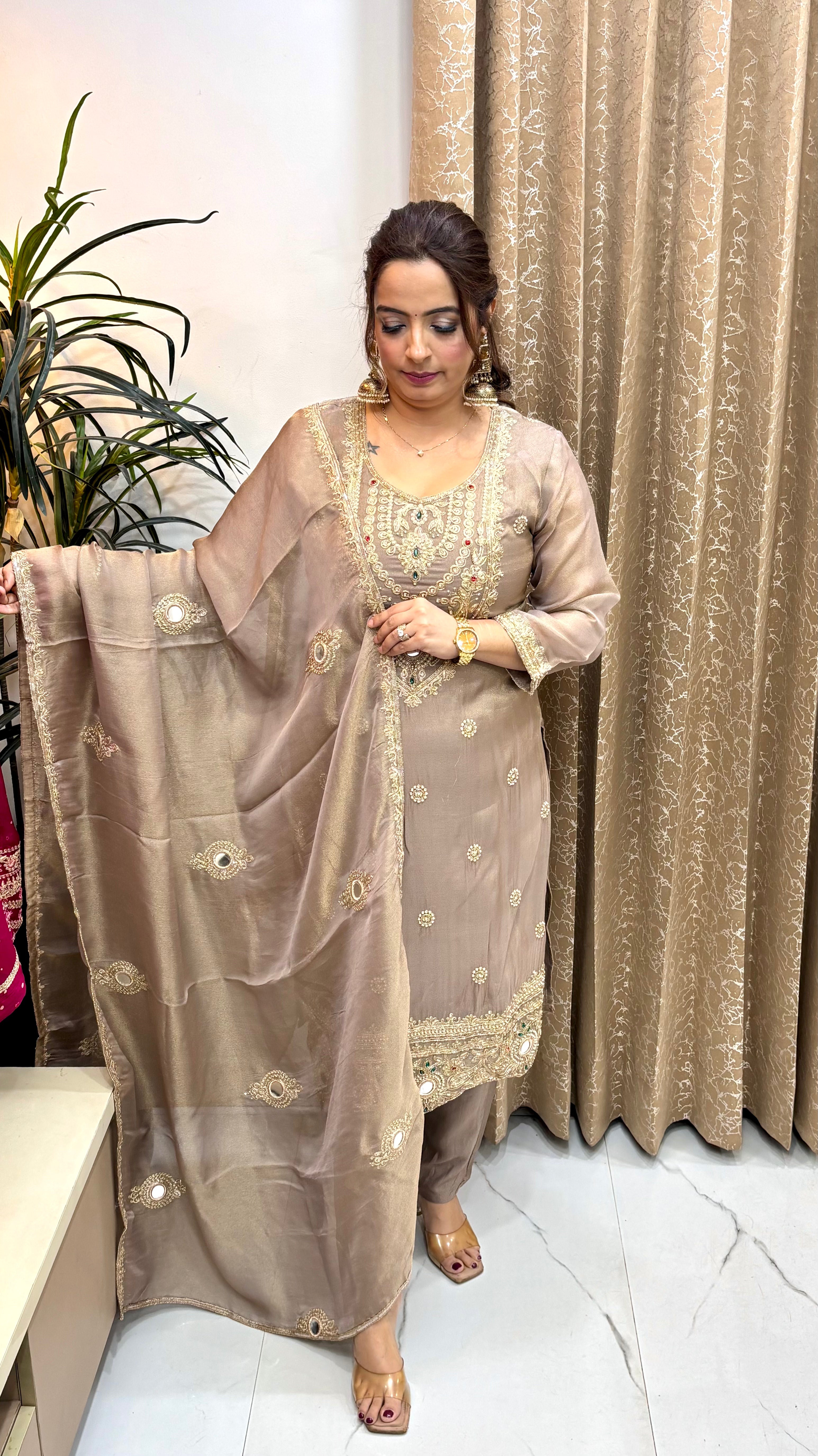 The Organza Shimmer Suit with Zardozi, Kundan Work, & Mirror Dupatta