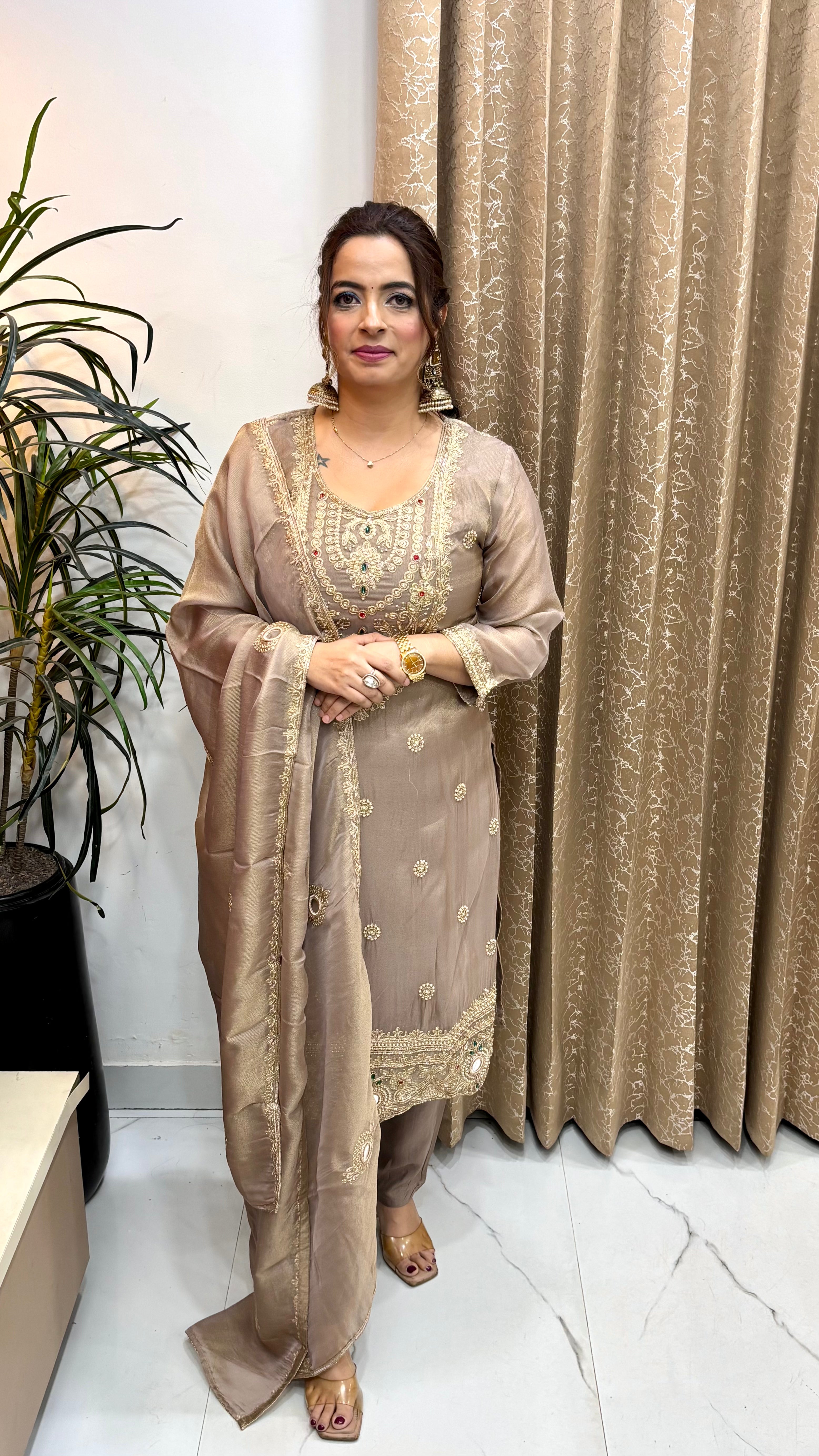 The Organza Shimmer Suit with Zardozi, Kundan Work, & Mirror Dupatta