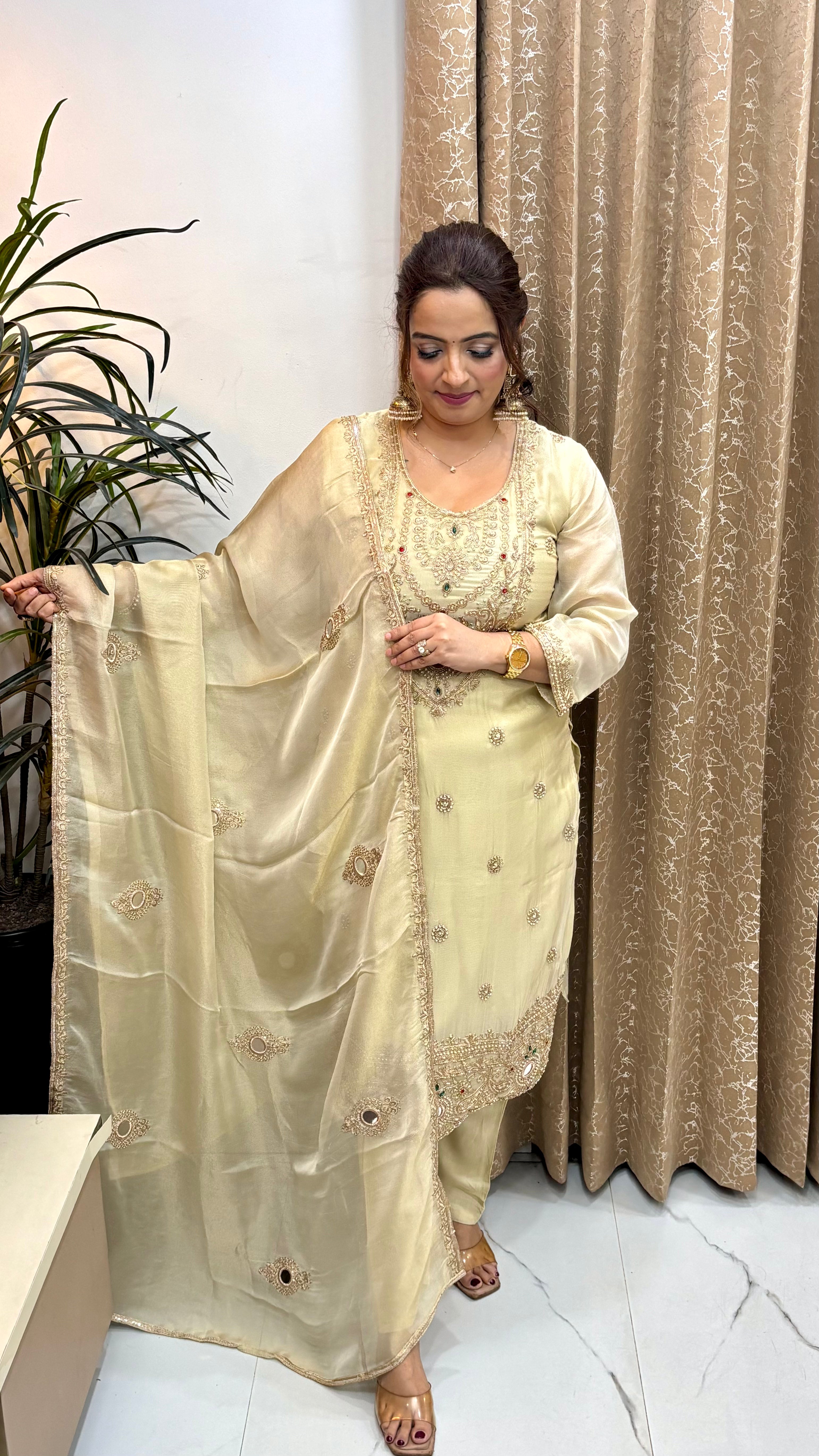 The Organza Shimmer Suit with Zardozi, Kundan Work, & Mirror Dupatta