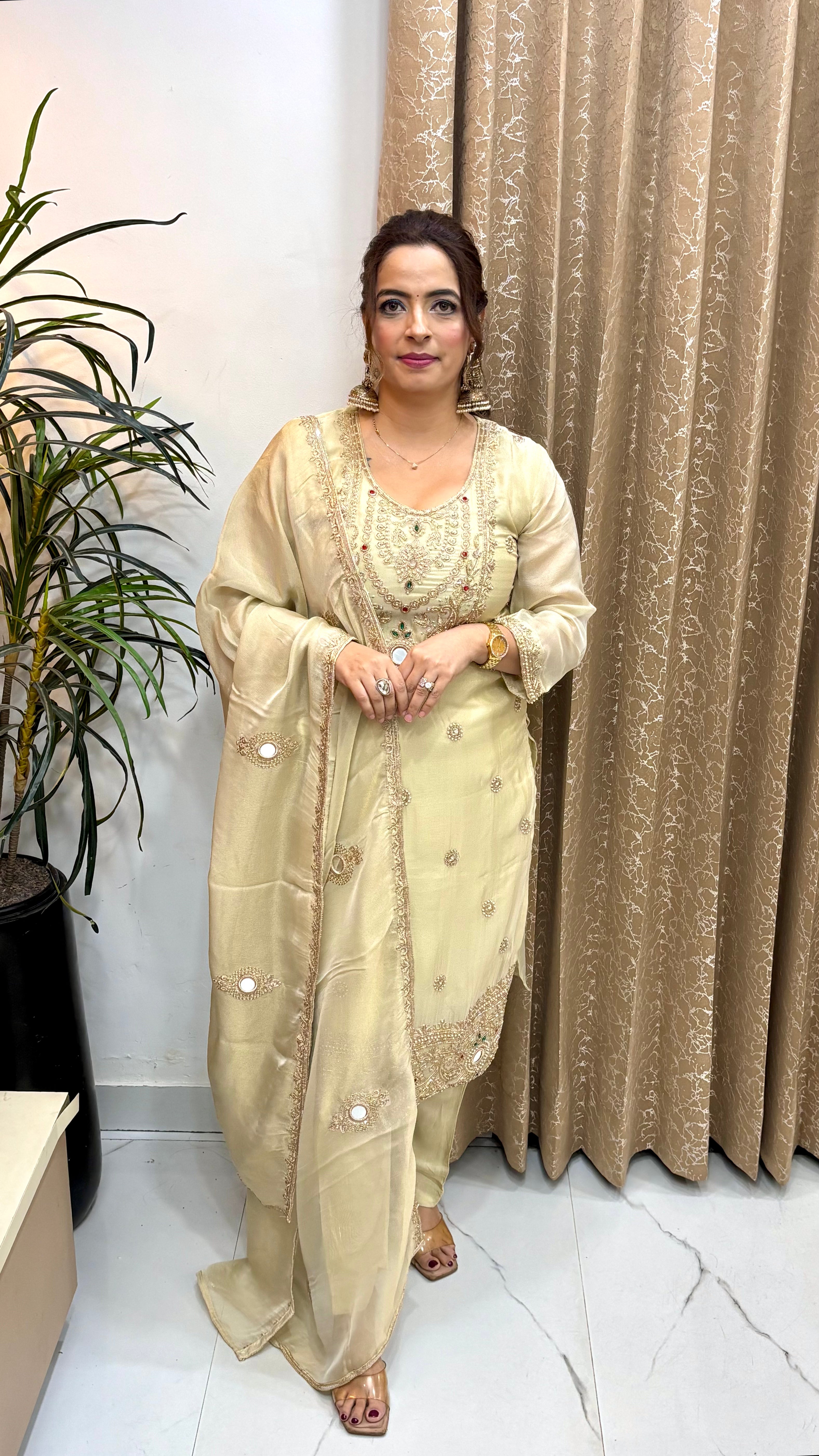 The Organza Shimmer Suit with Zardozi, Kundan Work, & Mirror Dupatta